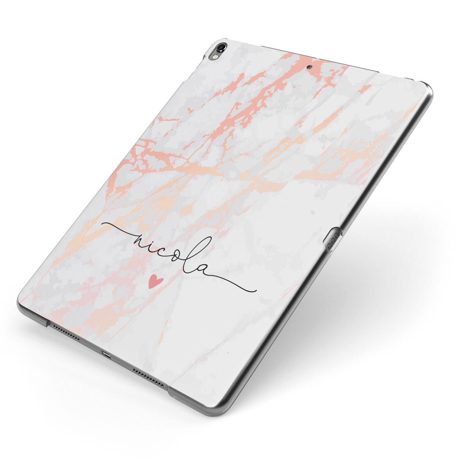 Personalised Name Pink Marble Heart Apple iPad Case on Grey iPad Side View