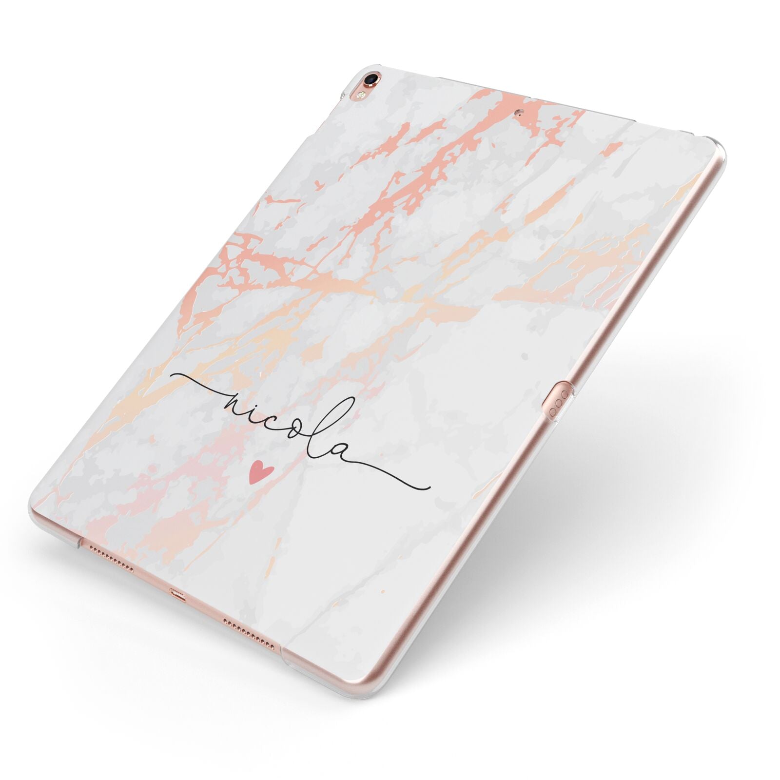 Personalised Name Pink Marble Heart Apple iPad Case on Rose Gold iPad Side View