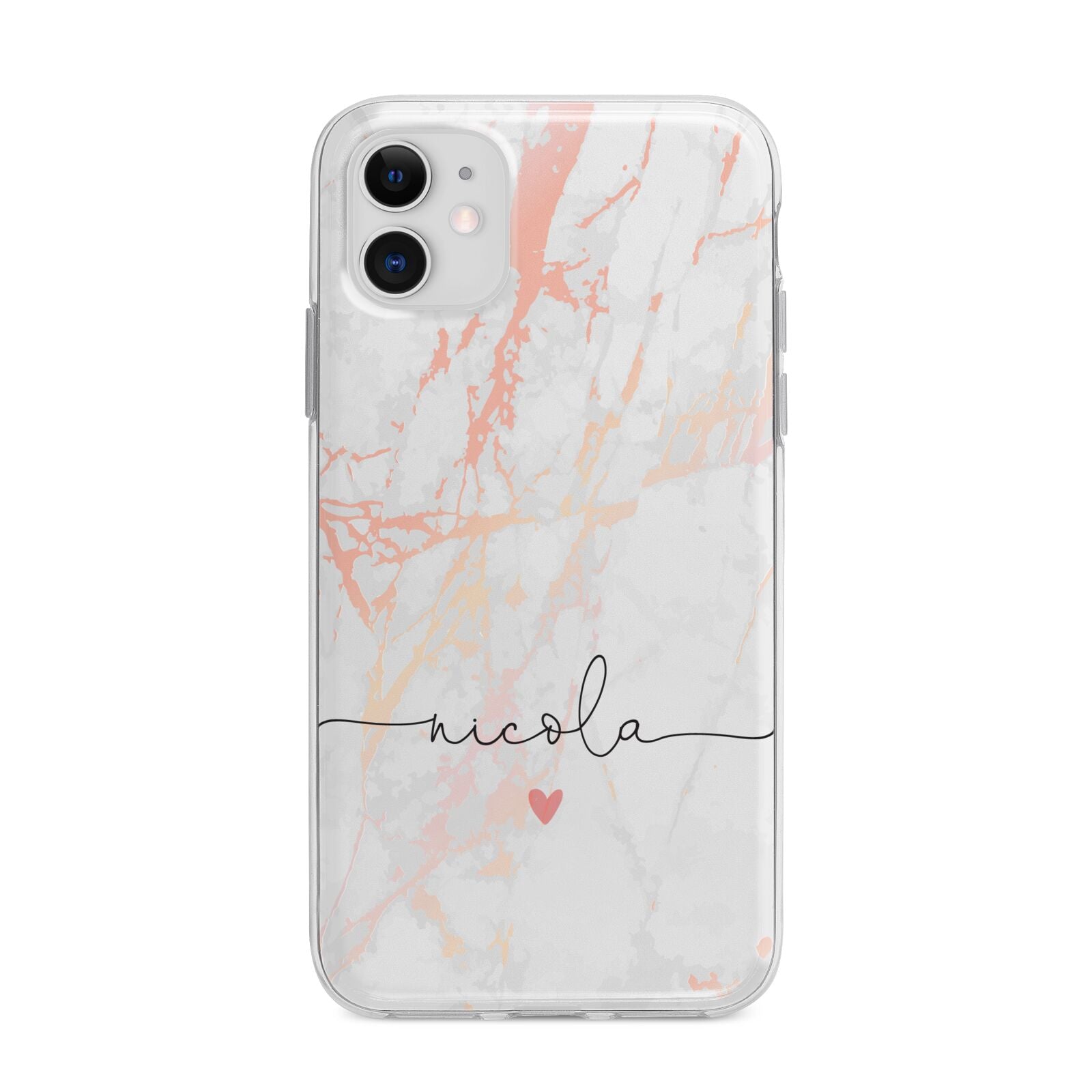 Personalised Name Pink Marble Heart Apple iPhone 11 in White with Bumper Case