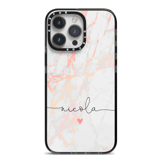 Personalised Name Pink Marble Heart iPhone 14 Pro Max Black Impact Case on Silver phone