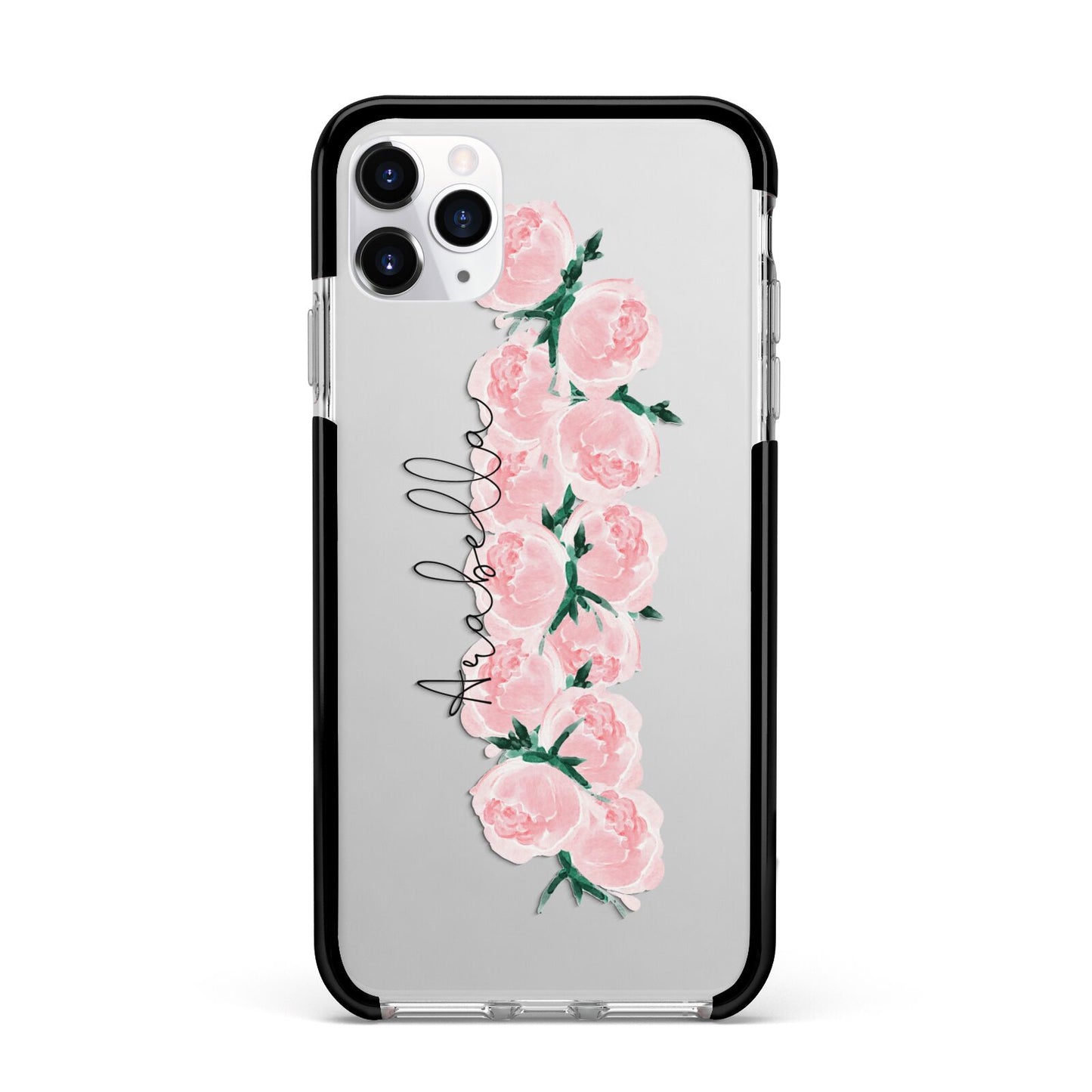 Personalised Name Pink Roses Apple iPhone 11 Pro Max in Silver with Black Impact Case