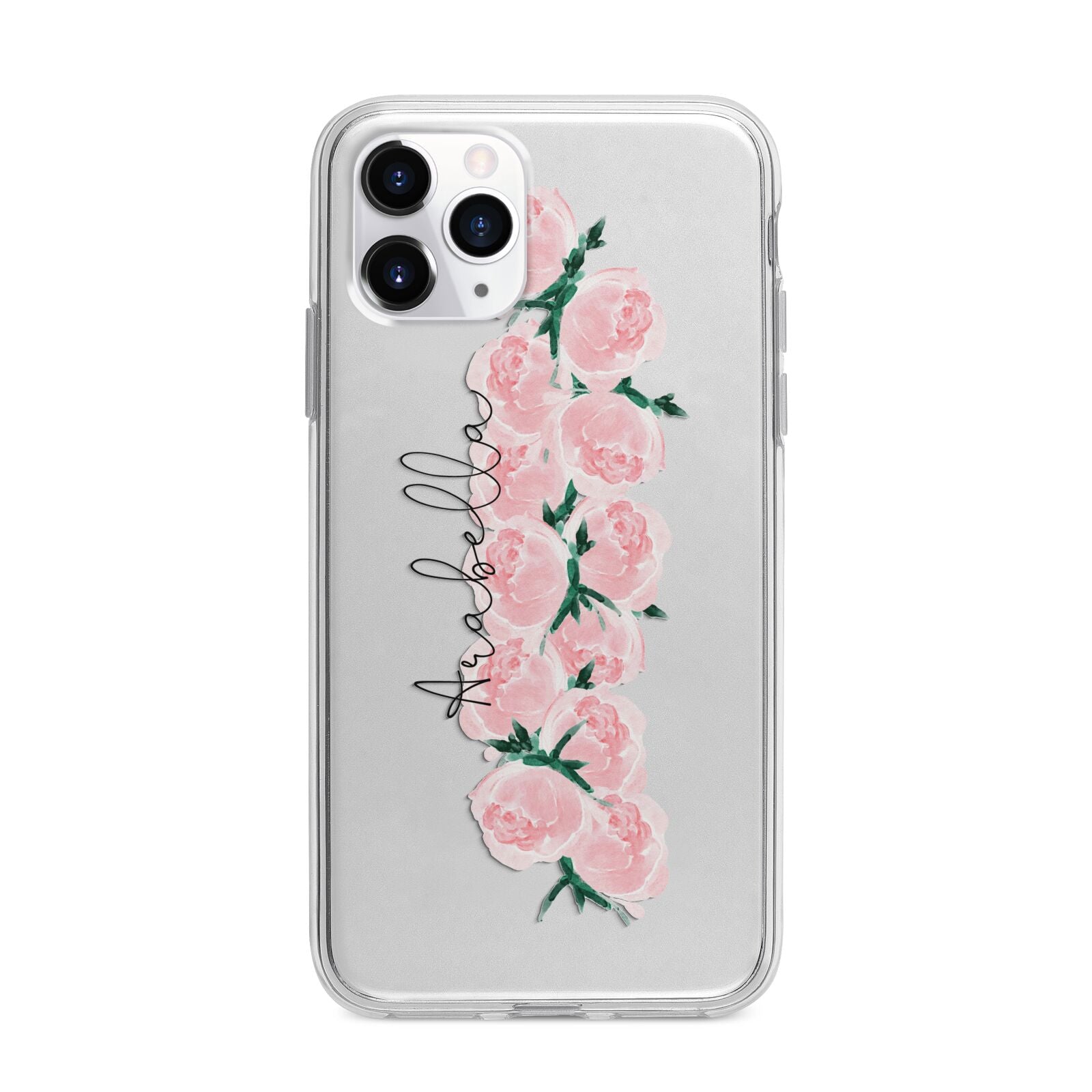 Personalised Name Pink Roses Apple iPhone 11 Pro Max in Silver with Bumper Case