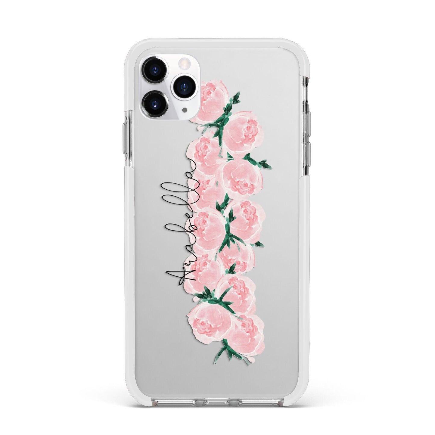 Personalised Name Pink Roses Apple iPhone 11 Pro Max in Silver with White Impact Case