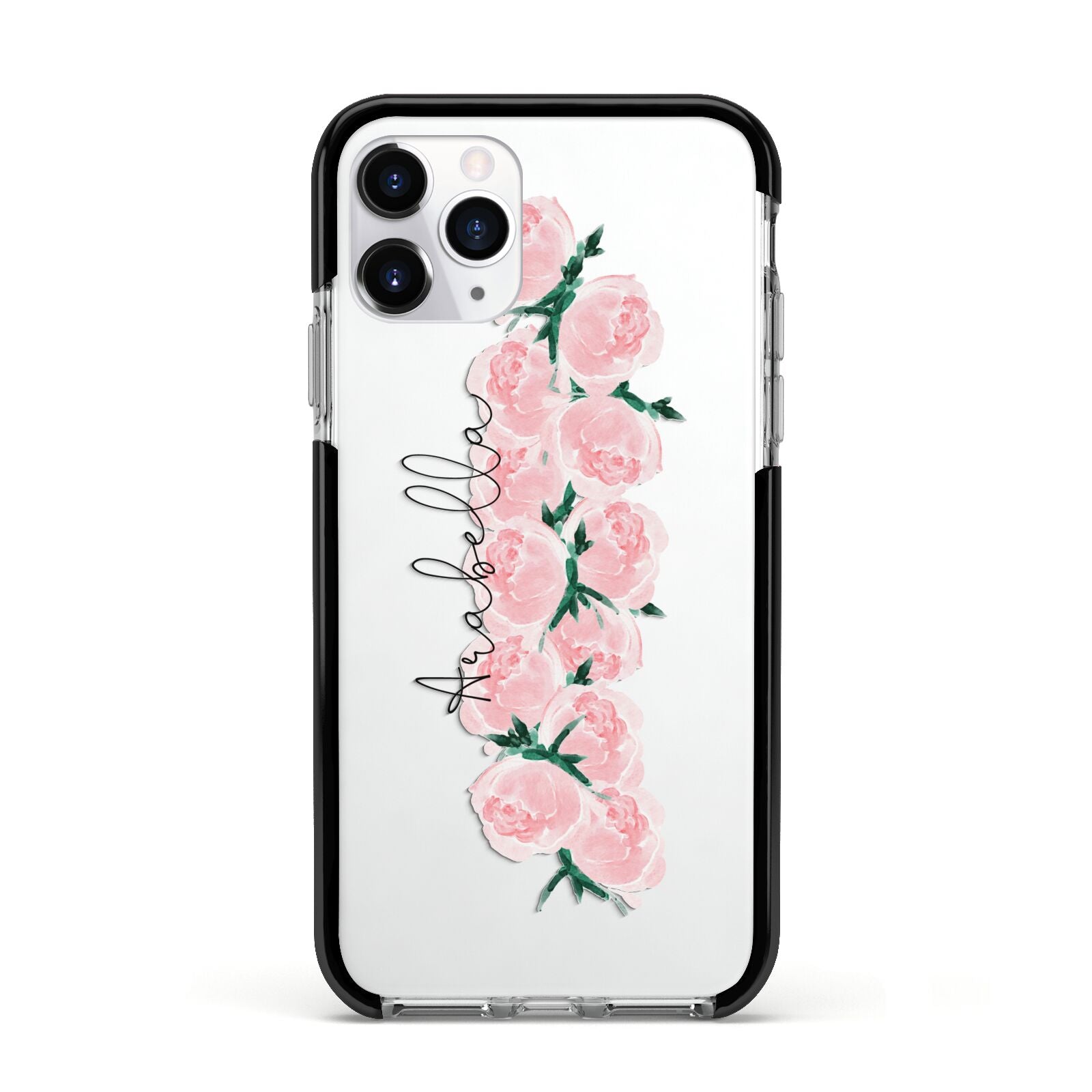 Personalised Name Pink Roses Apple iPhone 11 Pro in Silver with Black Impact Case