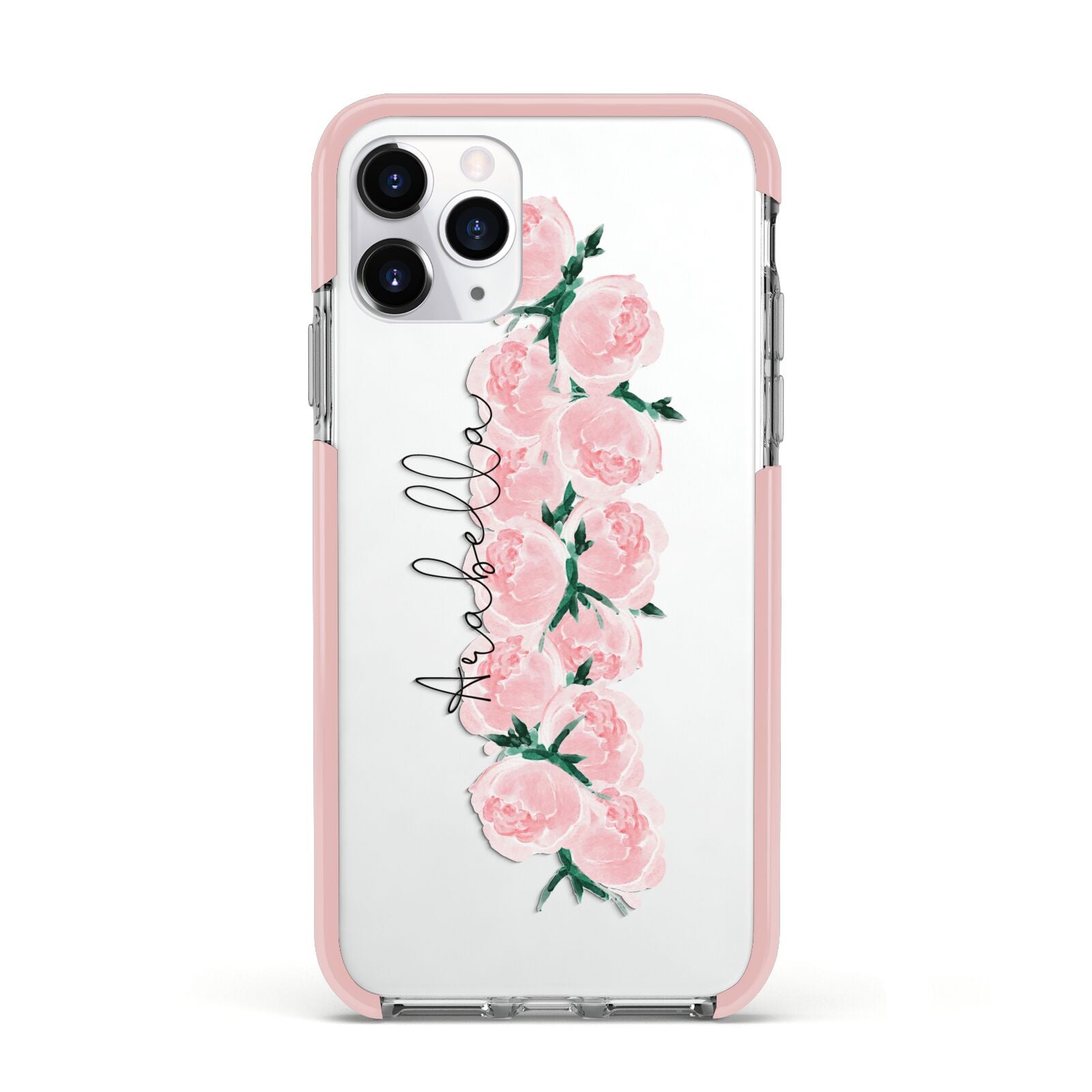 Personalised Name Pink Roses Apple iPhone 11 Pro in Silver with Pink Impact Case