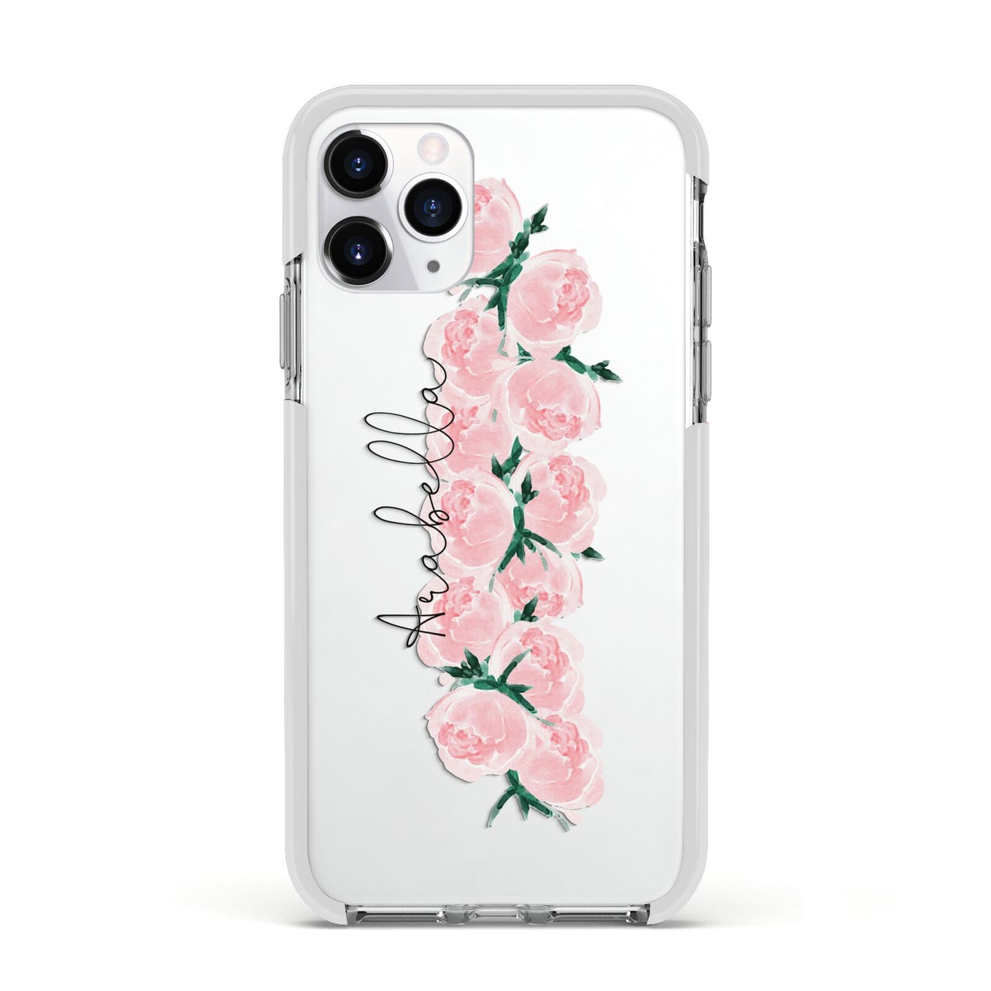 Personalised Name Pink Roses Apple iPhone 11 Pro in Silver with White Impact Case
