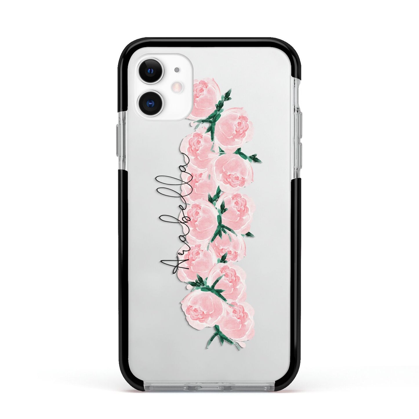 Personalised Name Pink Roses Apple iPhone 11 in White with Black Impact Case