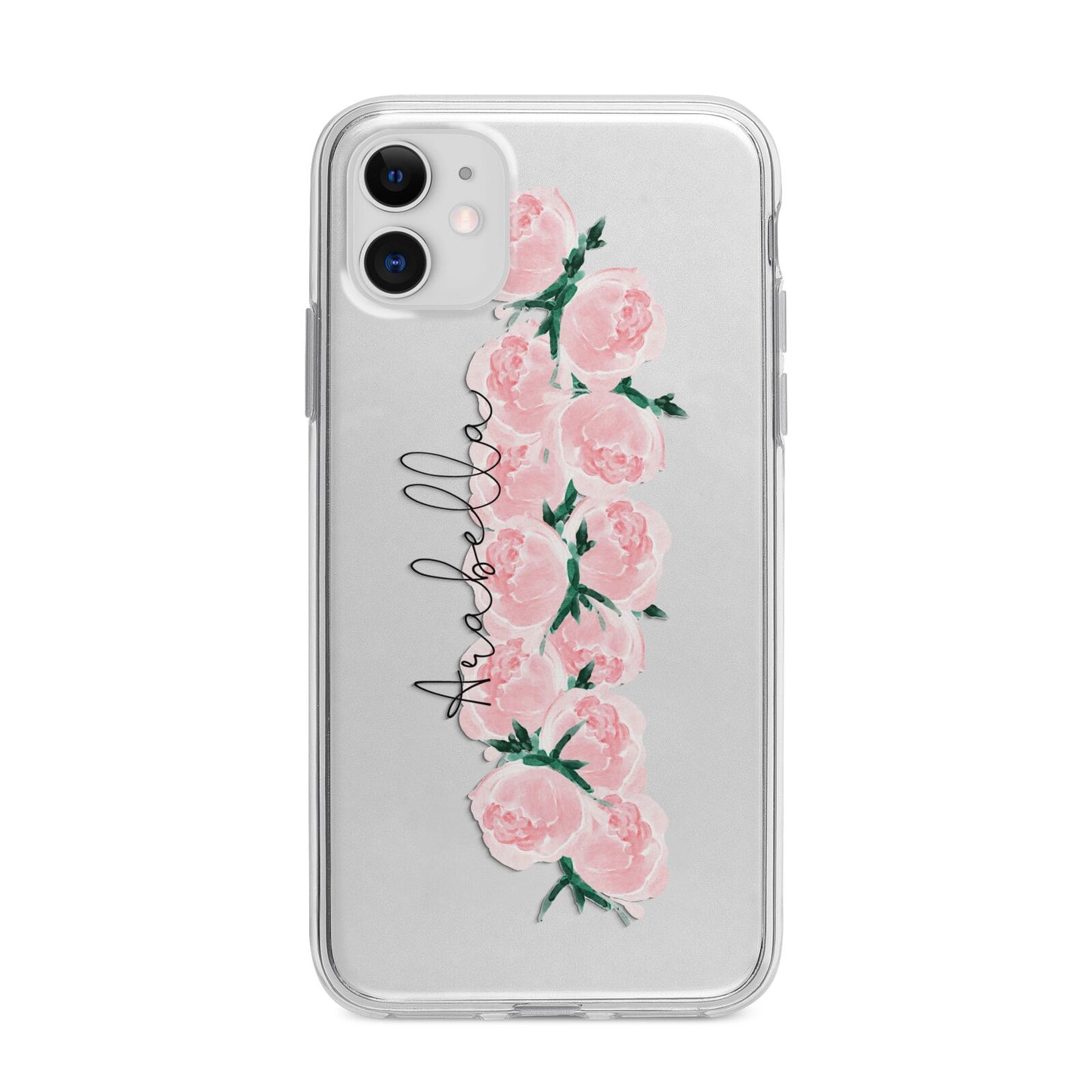 Personalised Name Pink Roses Apple iPhone 11 in White with Bumper Case