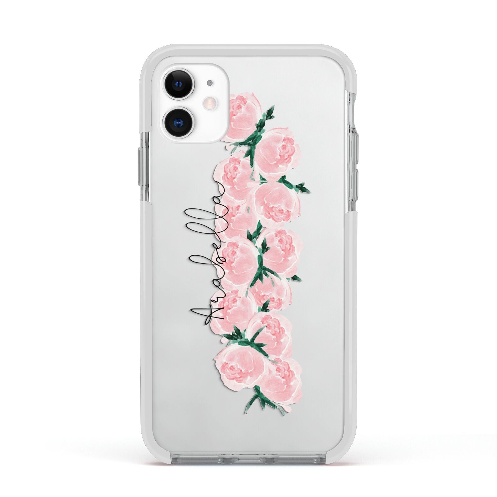 Personalised Name Pink Roses Apple iPhone 11 in White with White Impact Case