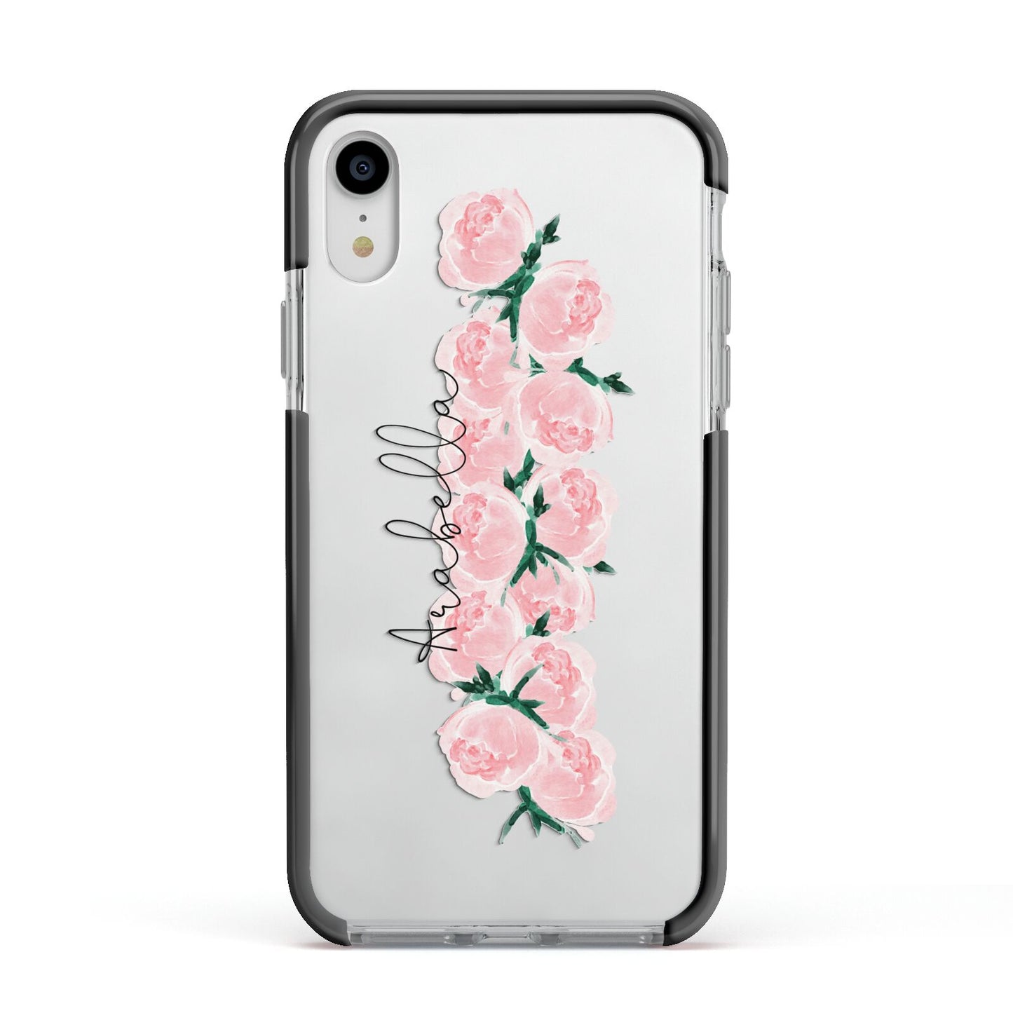Personalised Name Pink Roses Apple iPhone XR Impact Case Black Edge on Silver Phone
