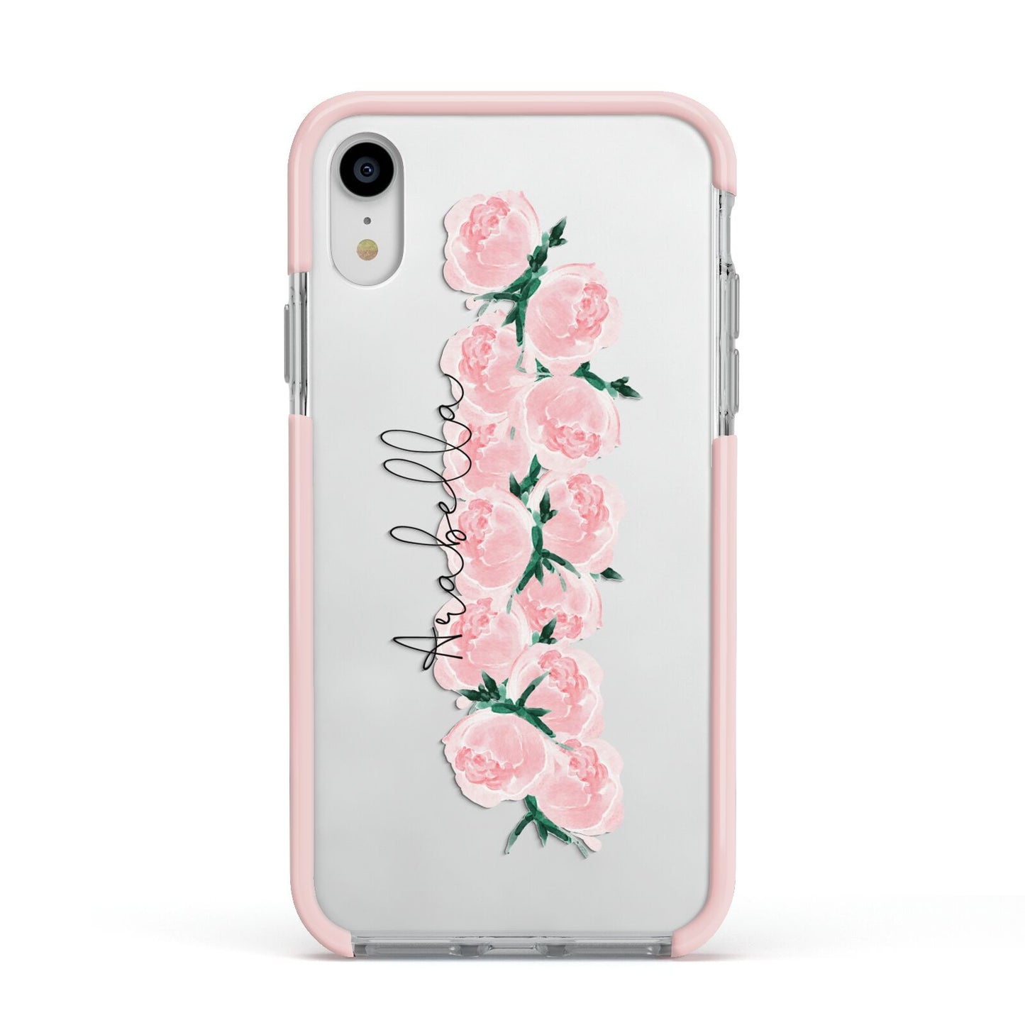 Personalised Name Pink Roses Apple iPhone XR Impact Case Pink Edge on Silver Phone