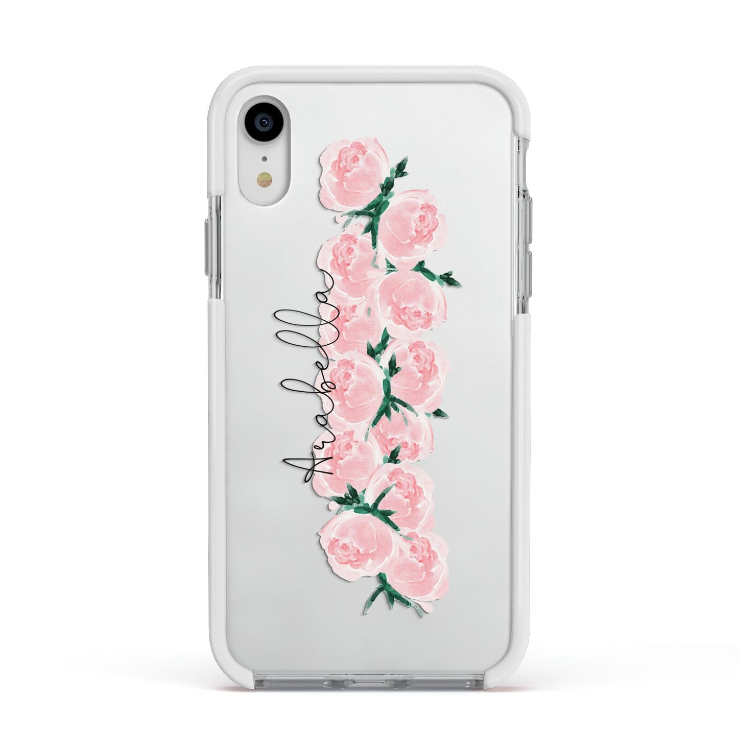 Personalised Name Pink Roses Apple iPhone XR Impact Case White Edge on Silver Phone