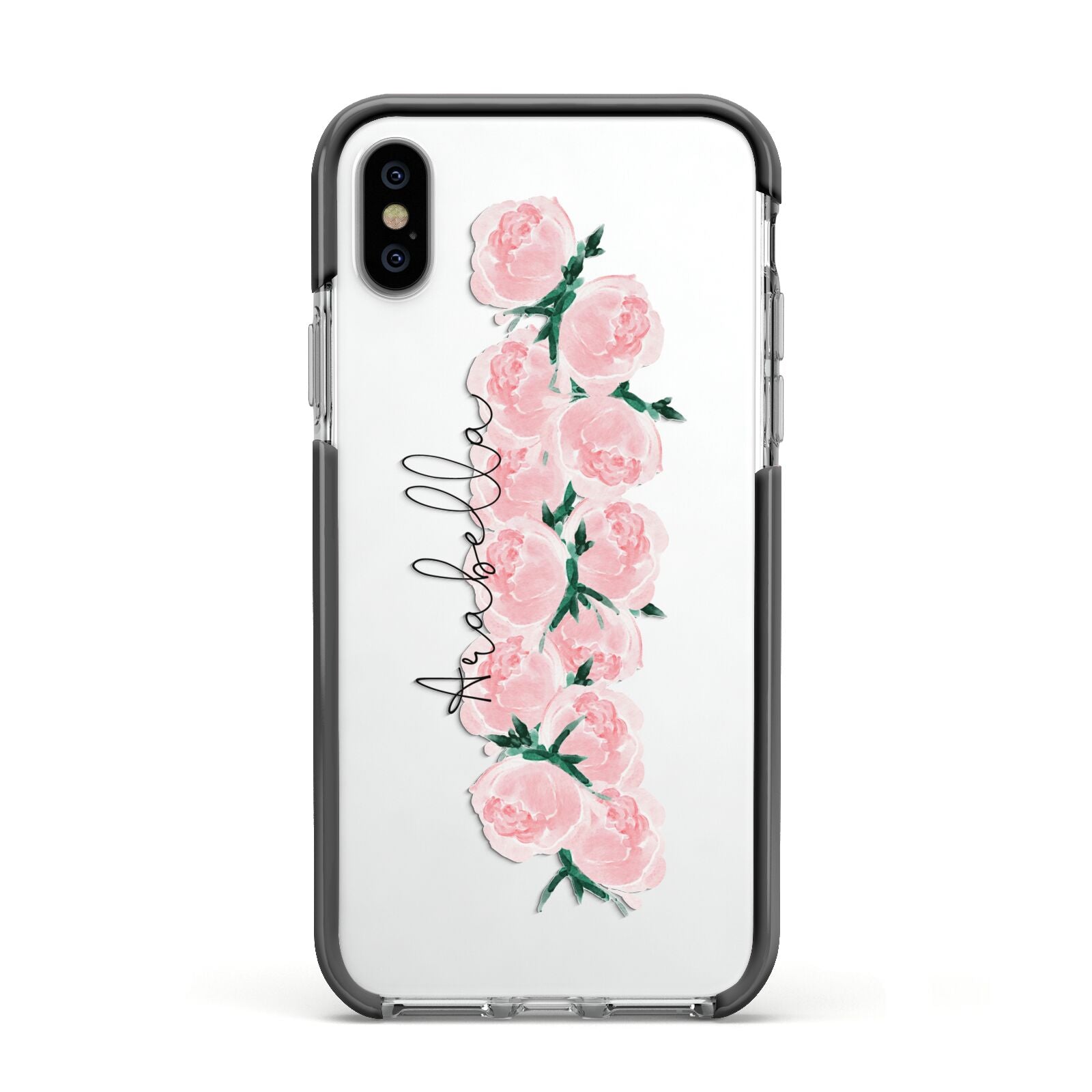 Personalised Name Pink Roses Apple iPhone Xs Impact Case Black Edge on Silver Phone