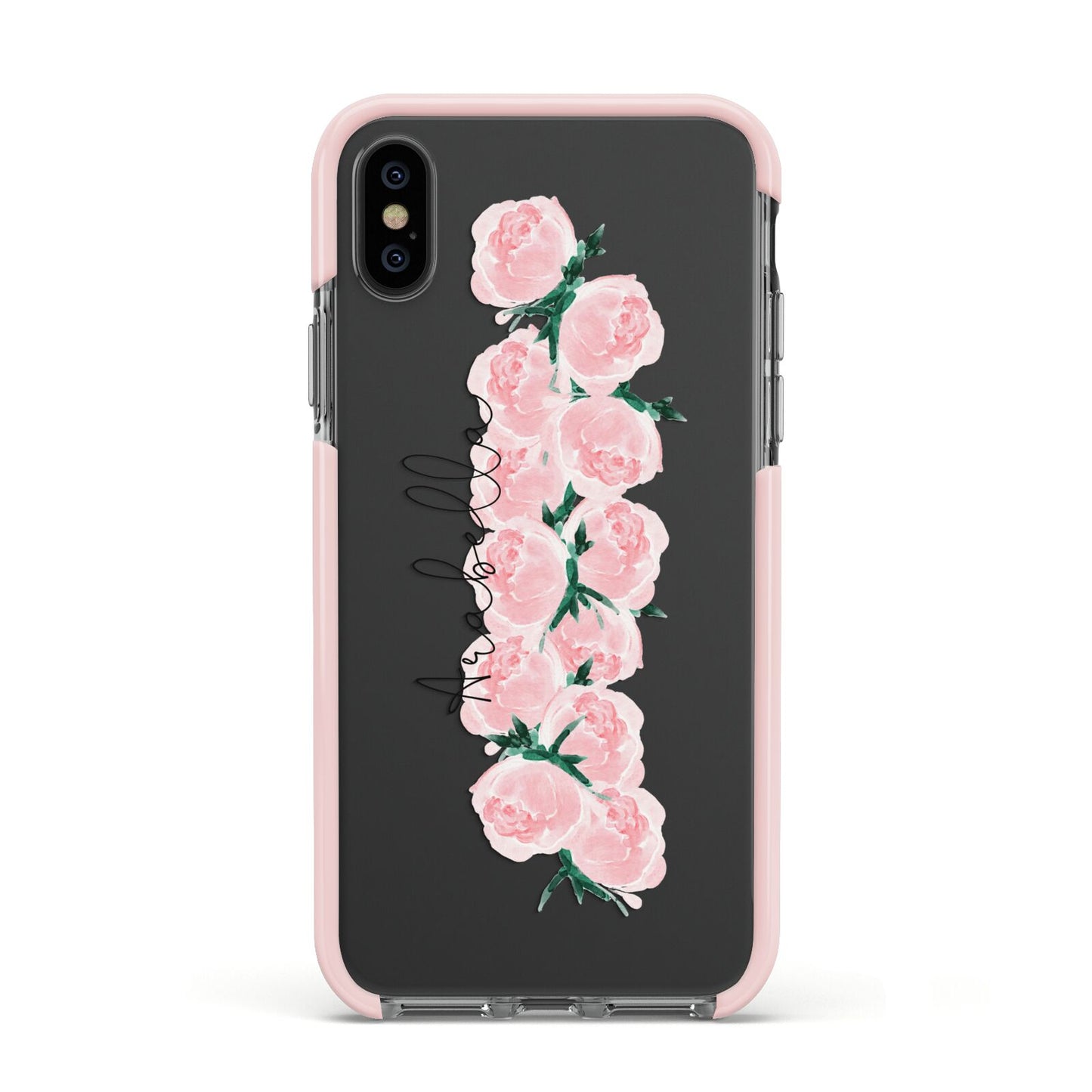 Personalised Name Pink Roses Apple iPhone Xs Impact Case Pink Edge on Black Phone