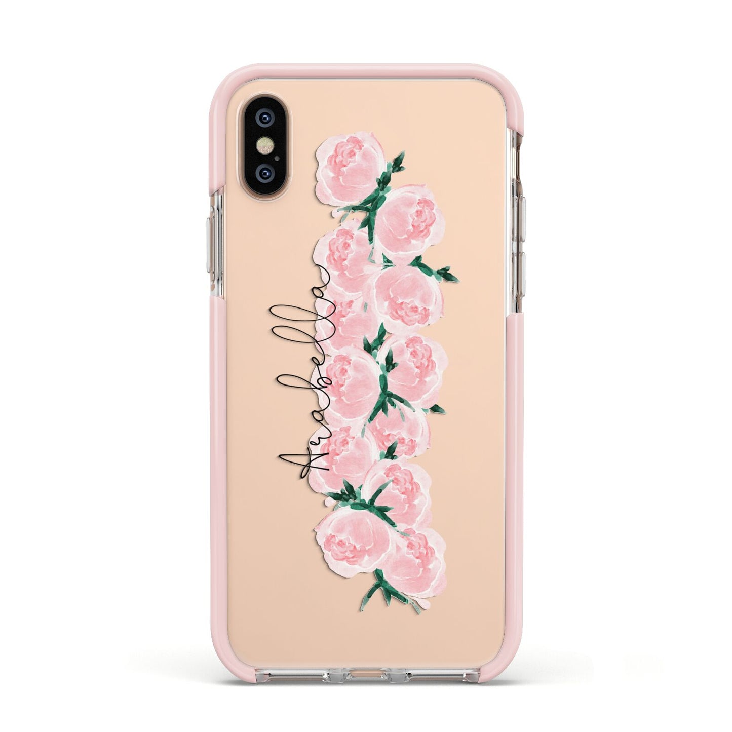 Personalised Name Pink Roses Apple iPhone Xs Impact Case Pink Edge on Gold Phone