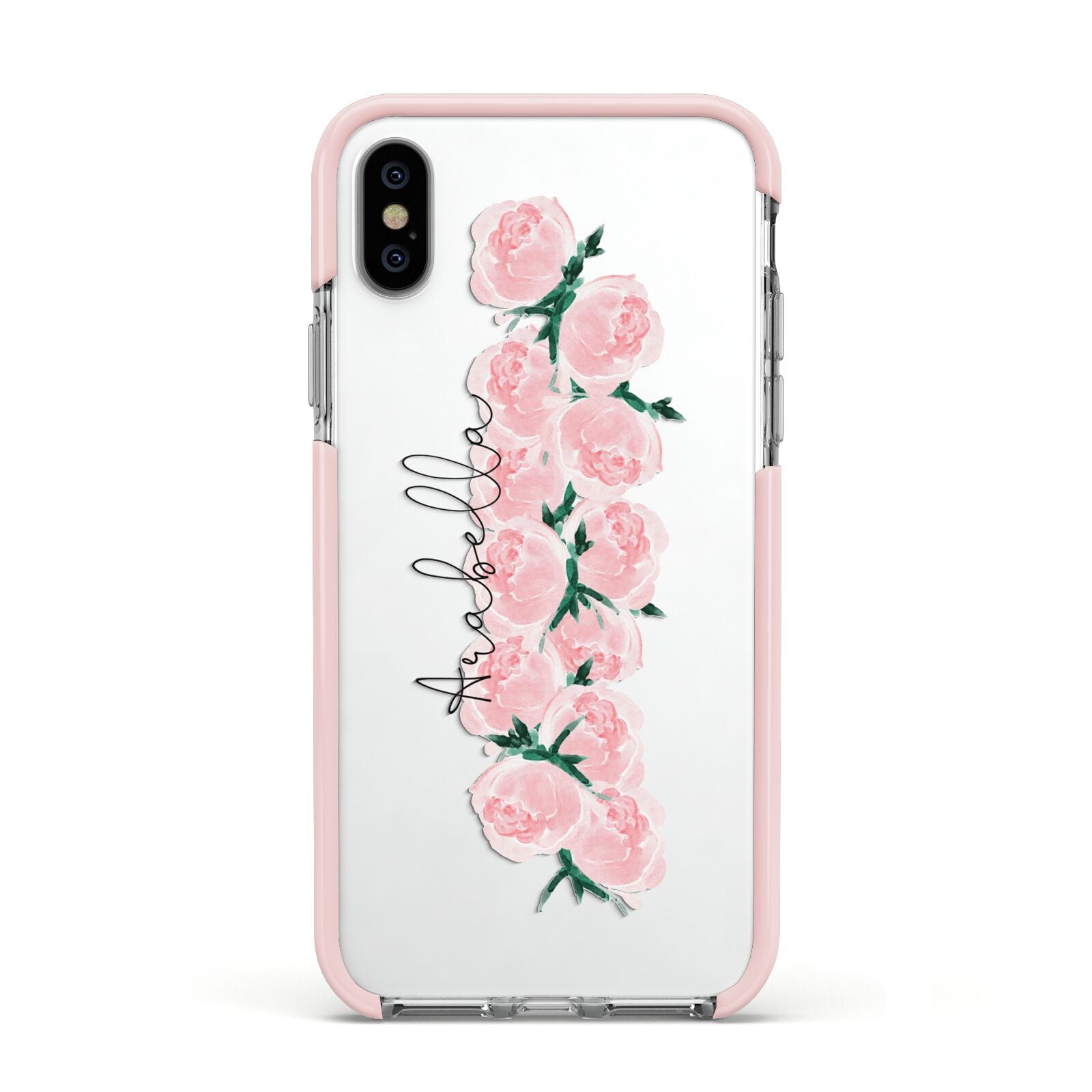 Personalised Name Pink Roses Apple iPhone Xs Impact Case Pink Edge on Silver Phone