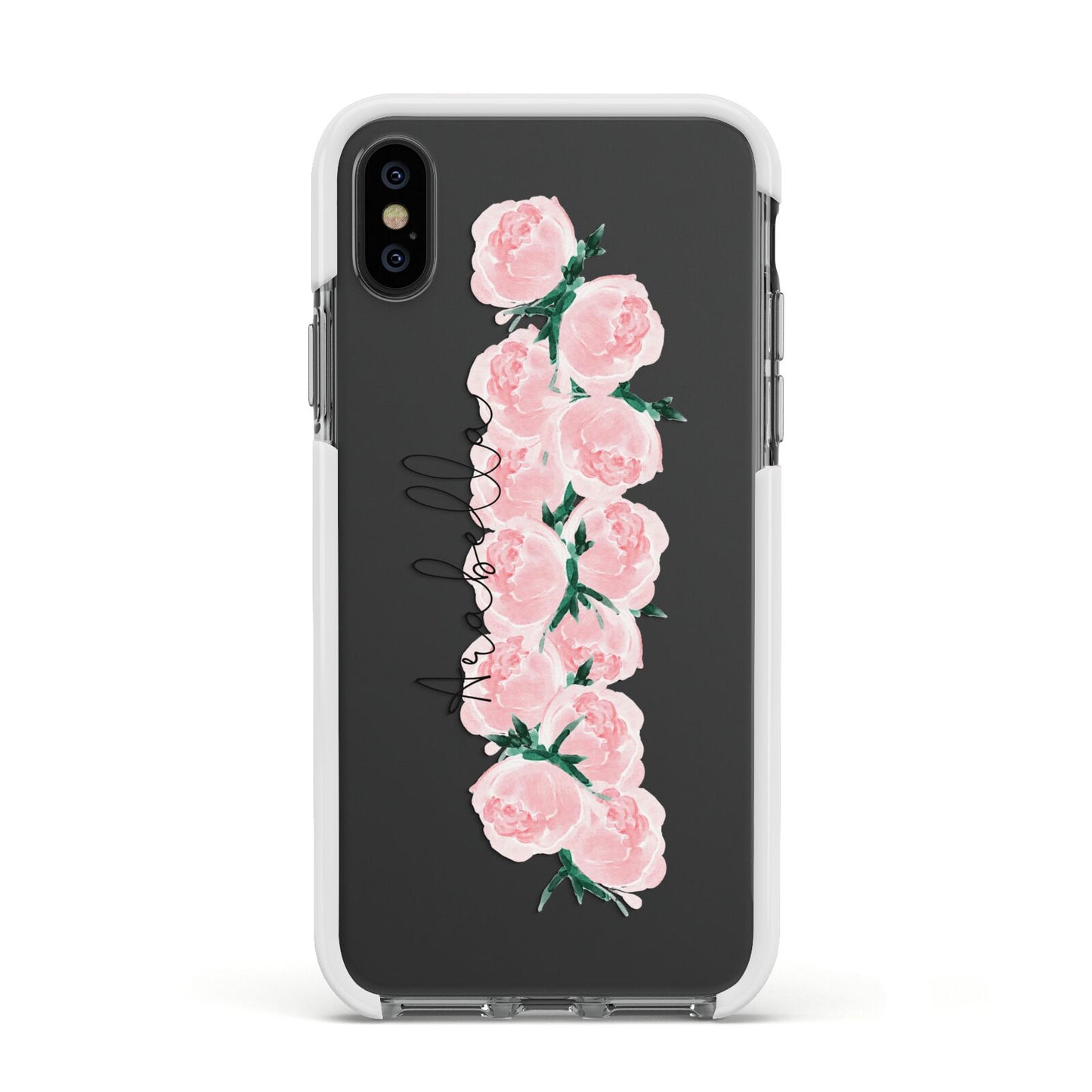 Personalised Name Pink Roses Apple iPhone Xs Impact Case White Edge on Black Phone