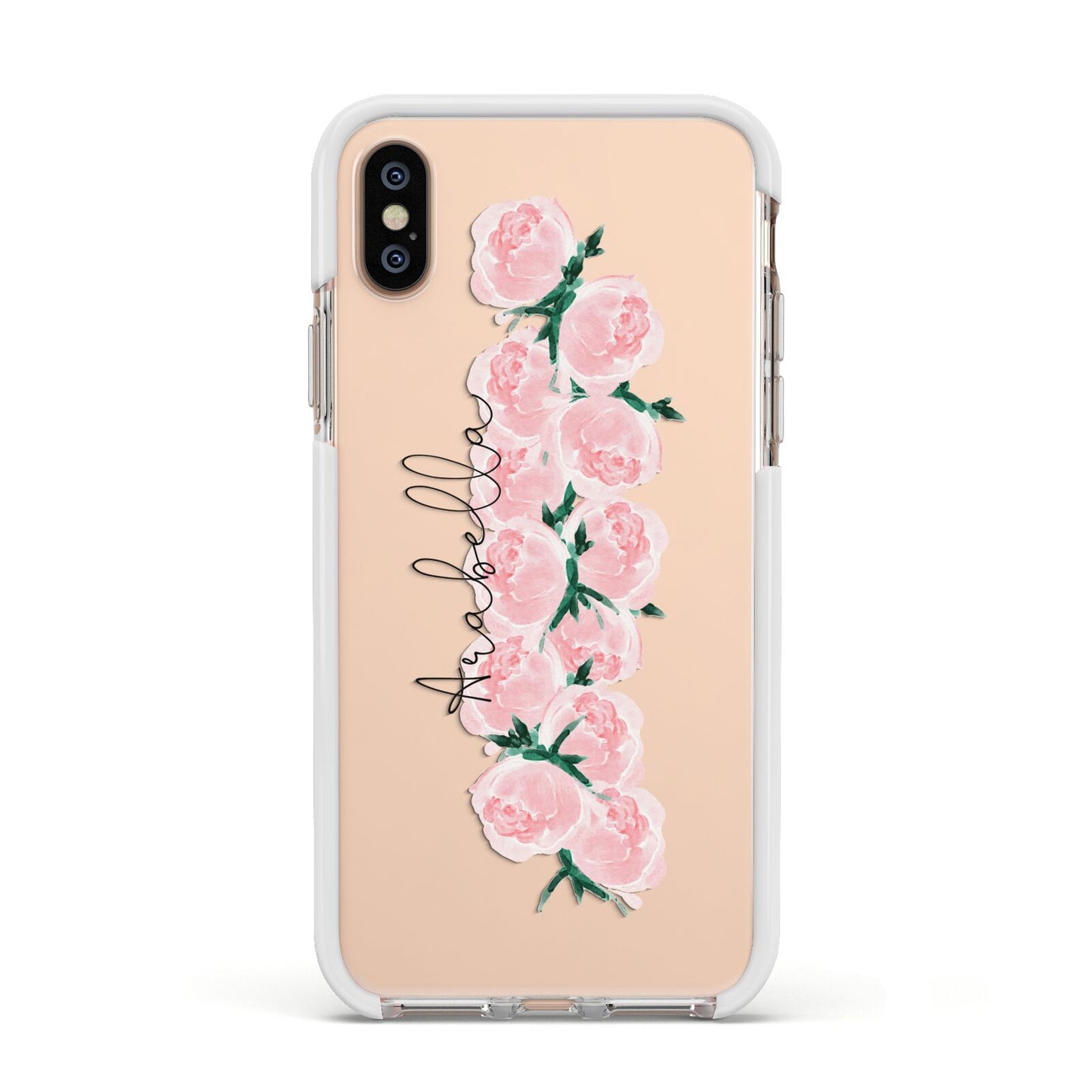 Personalised Name Pink Roses Apple iPhone Xs Impact Case White Edge on Gold Phone