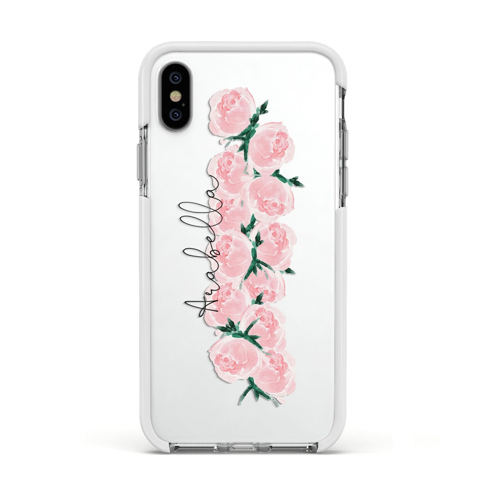 Personalised Name Pink Roses Apple iPhone Xs Impact Case White Edge on Silver Phone