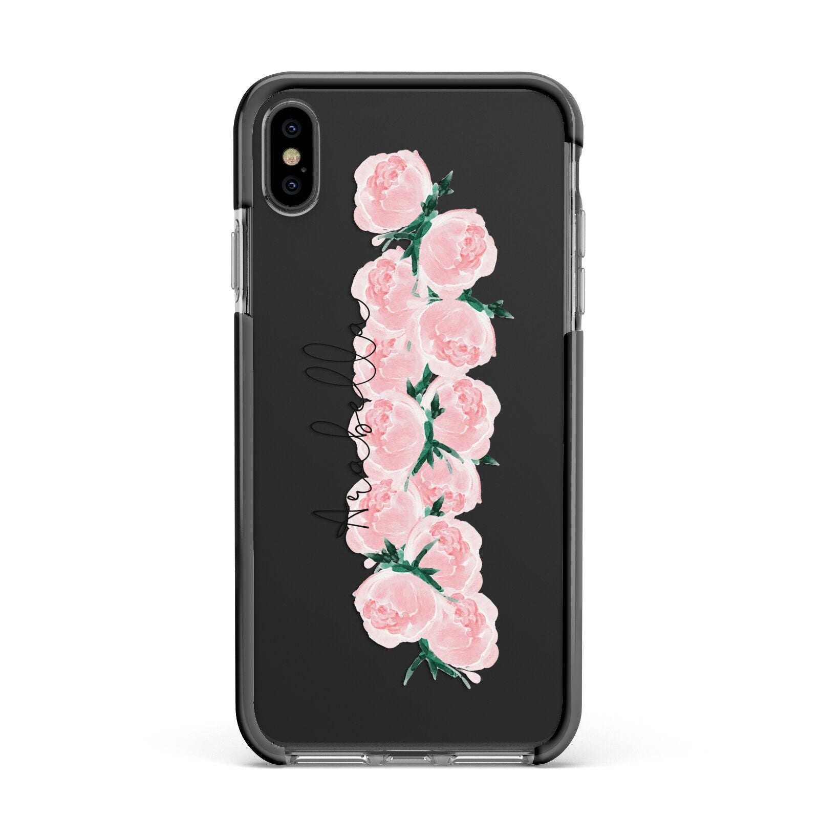 Personalised Name Pink Roses Apple iPhone Xs Max Impact Case Black Edge on Black Phone