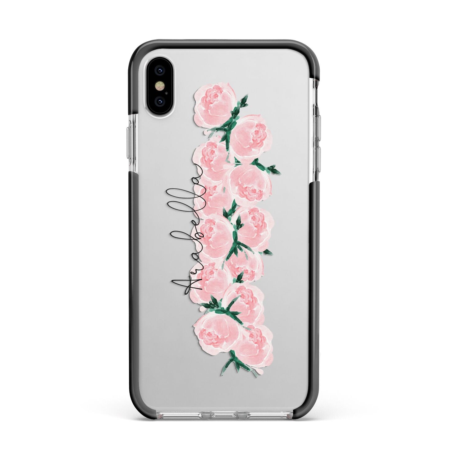 Personalised Name Pink Roses Apple iPhone Xs Max Impact Case Black Edge on Silver Phone