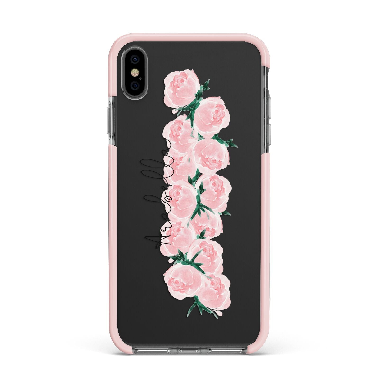 Personalised Name Pink Roses Apple iPhone Xs Max Impact Case Pink Edge on Black Phone