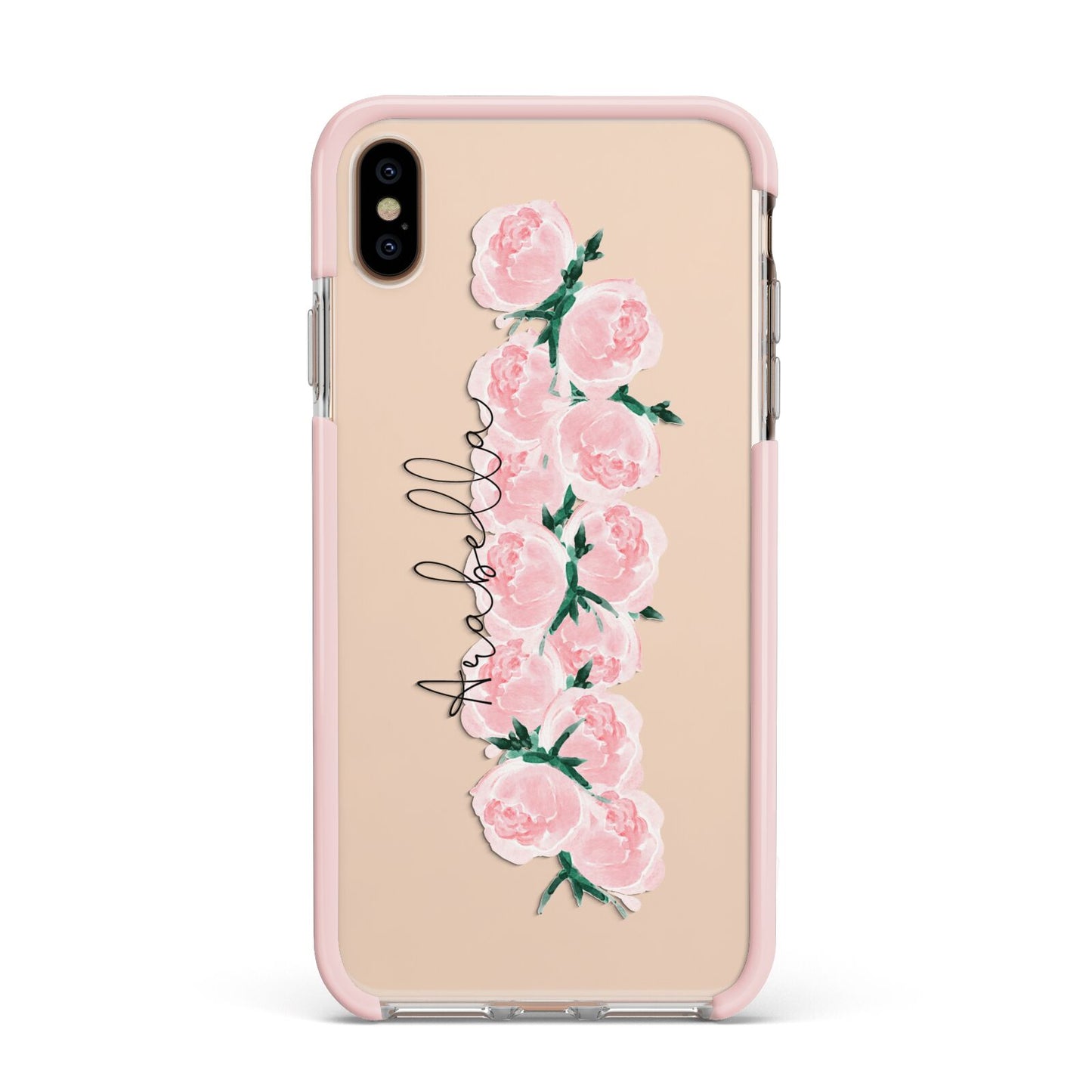 Personalised Name Pink Roses Apple iPhone Xs Max Impact Case Pink Edge on Gold Phone