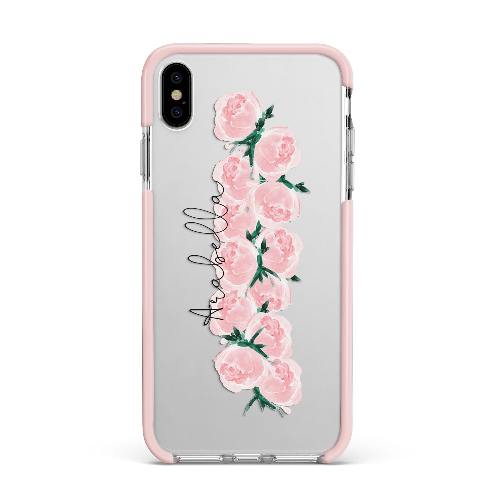 Personalised Name Pink Roses Apple iPhone Xs Max Impact Case Pink Edge on Silver Phone