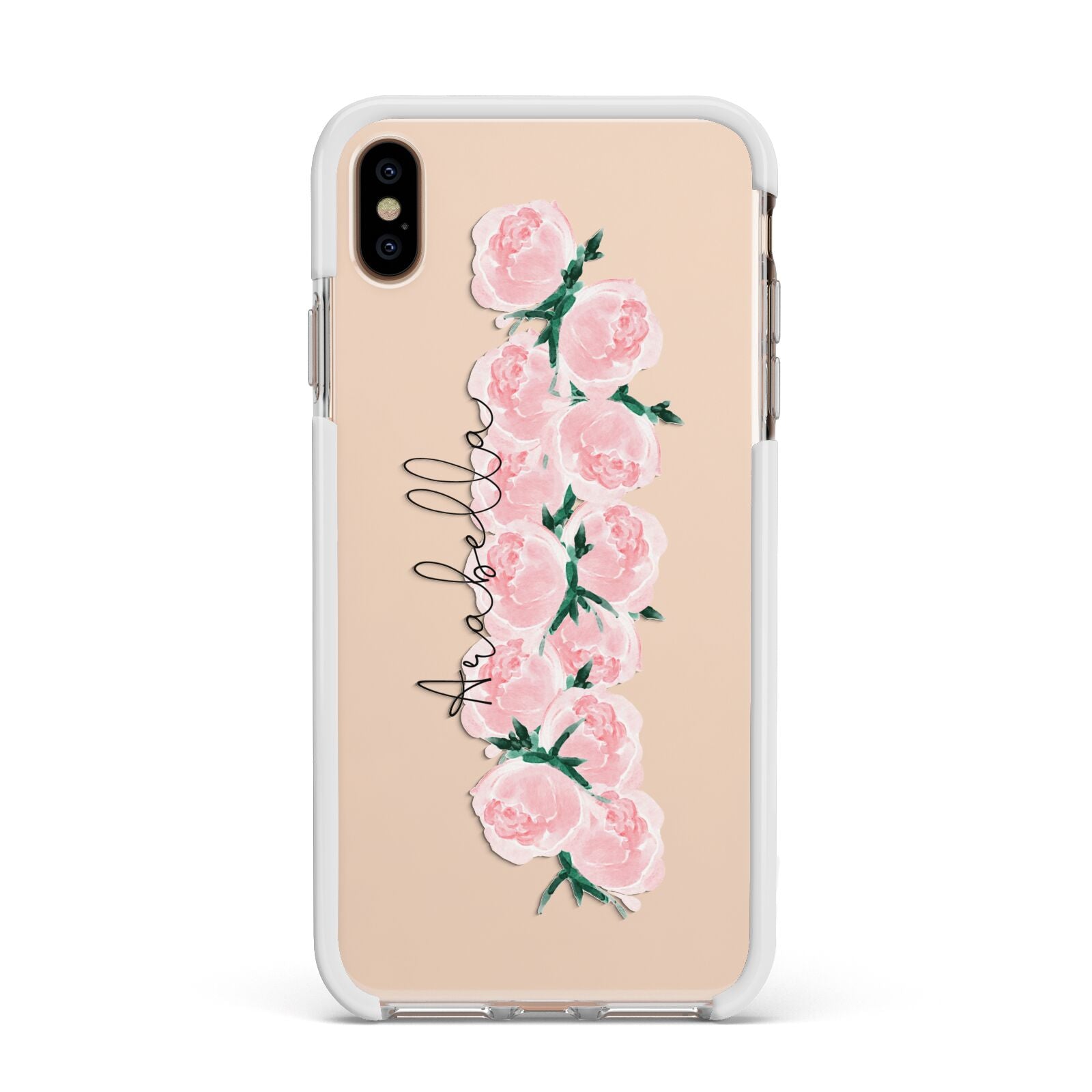 Personalised Name Pink Roses Apple iPhone Xs Max Impact Case White Edge on Gold Phone