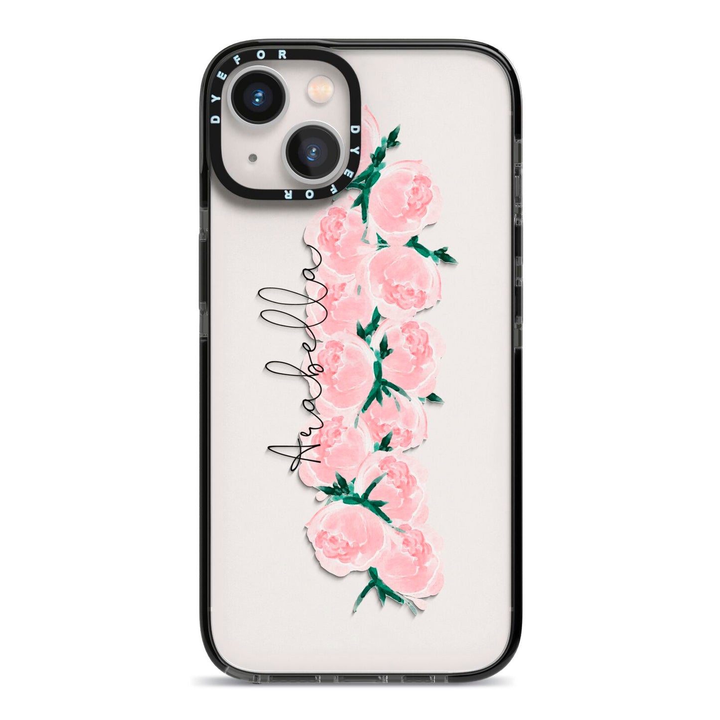 Personalised Name Pink Roses iPhone 13 Black Impact Case on Silver phone