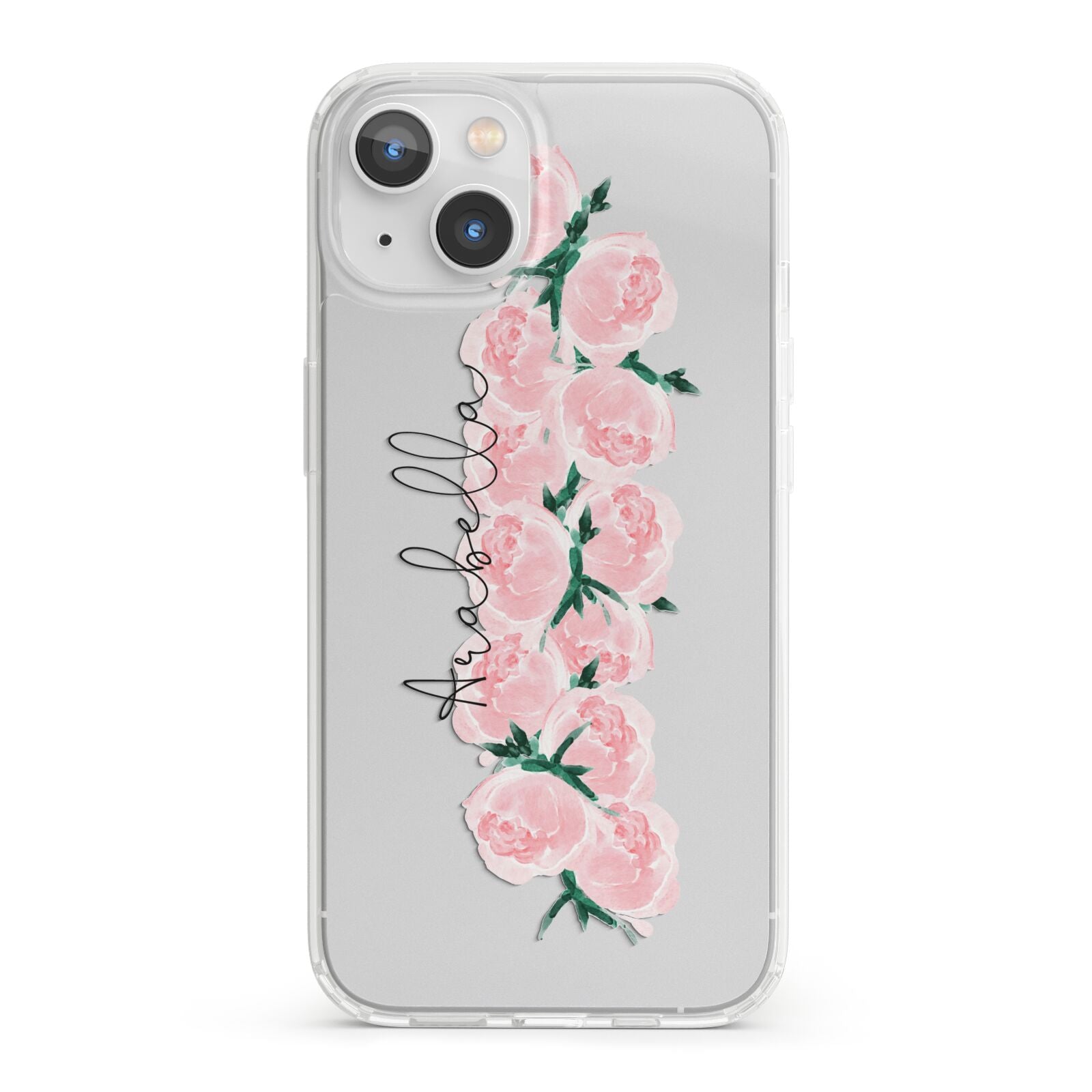 Personalised Name Pink Roses iPhone 13 Clear Bumper Case