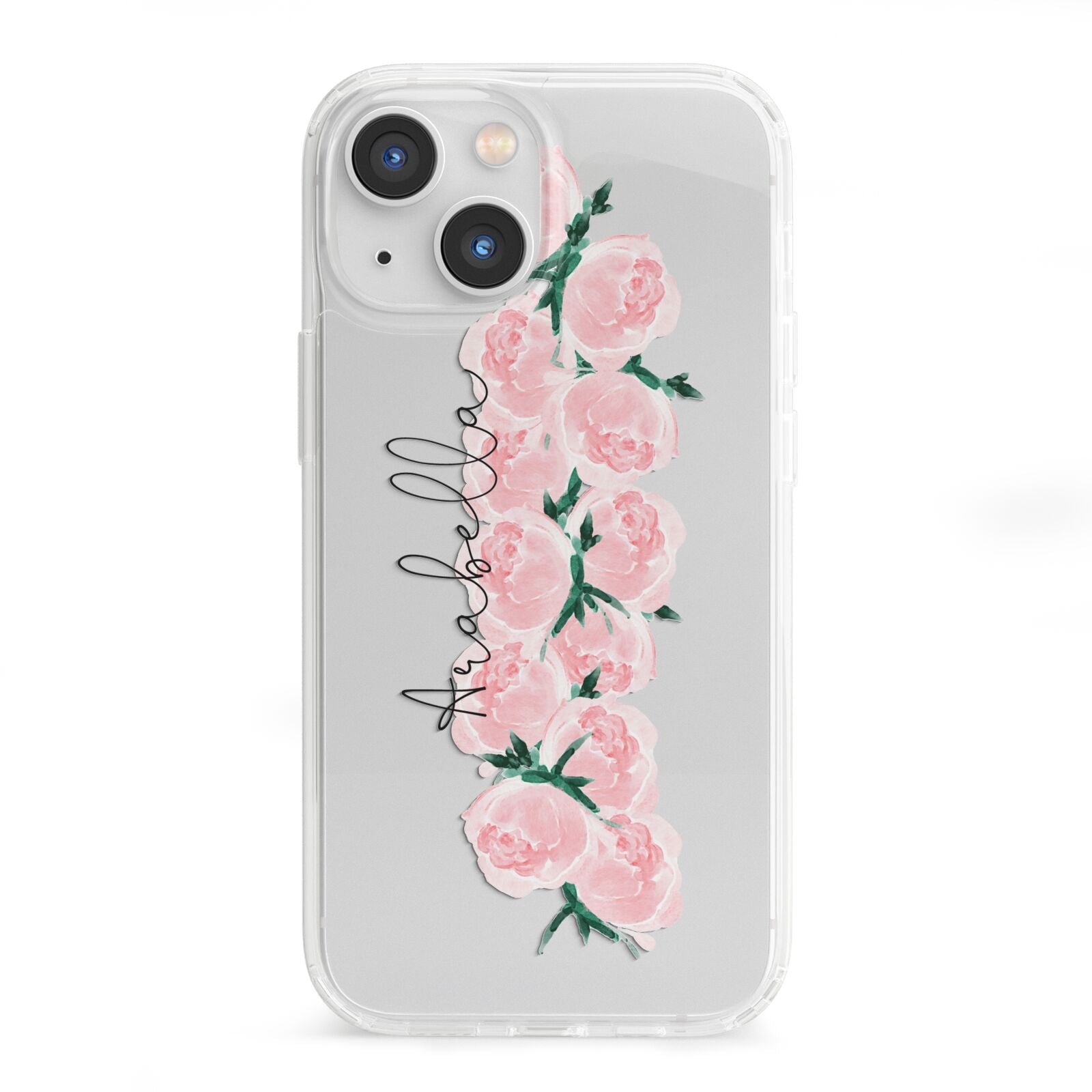 Personalised Name Pink Roses iPhone 13 Mini Clear Bumper Case