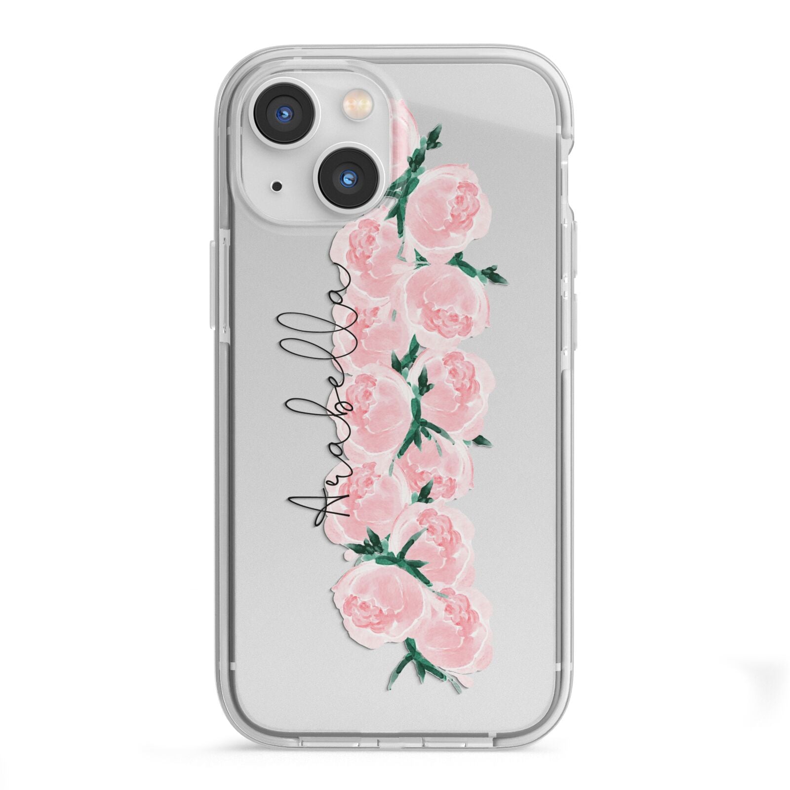Personalised Name Pink Roses iPhone 13 Mini TPU Impact Case with White Edges