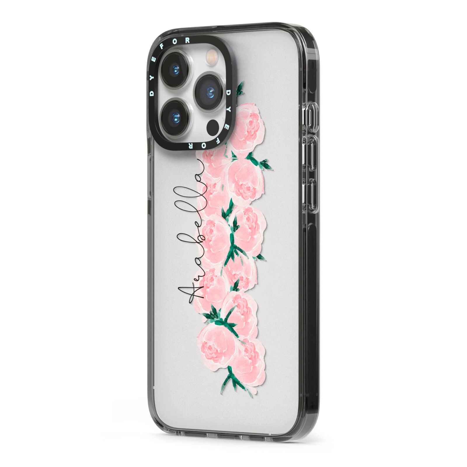Personalised Name Pink Roses iPhone 13 Pro Black Impact Case Side Angle on Silver phone