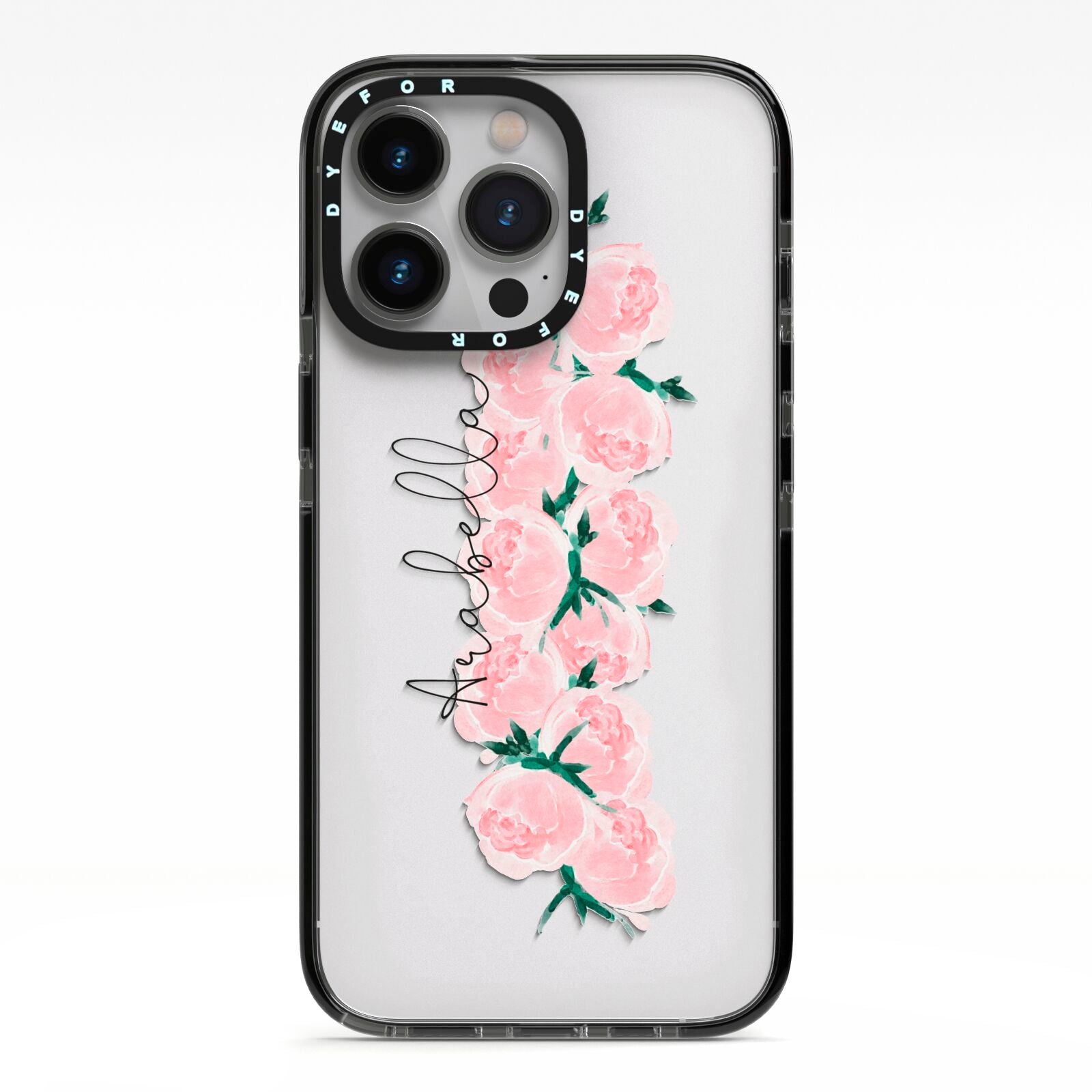 Personalised Name Pink Roses iPhone 13 Pro Black Impact Case on Silver phone