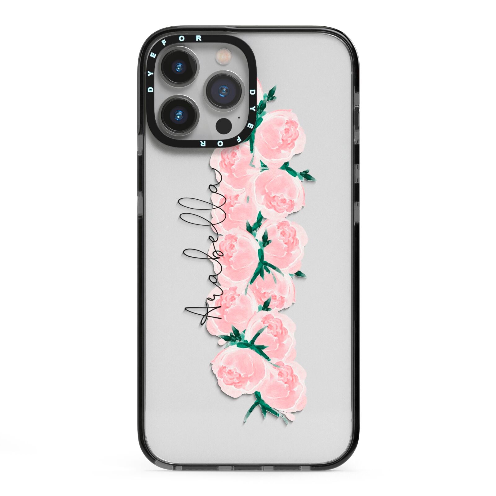 Personalised Name Pink Roses iPhone 13 Pro Max Black Impact Case on Silver phone