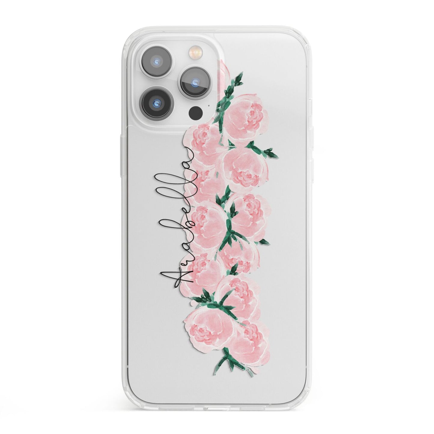Personalised Name Pink Roses iPhone 13 Pro Max Clear Bumper Case