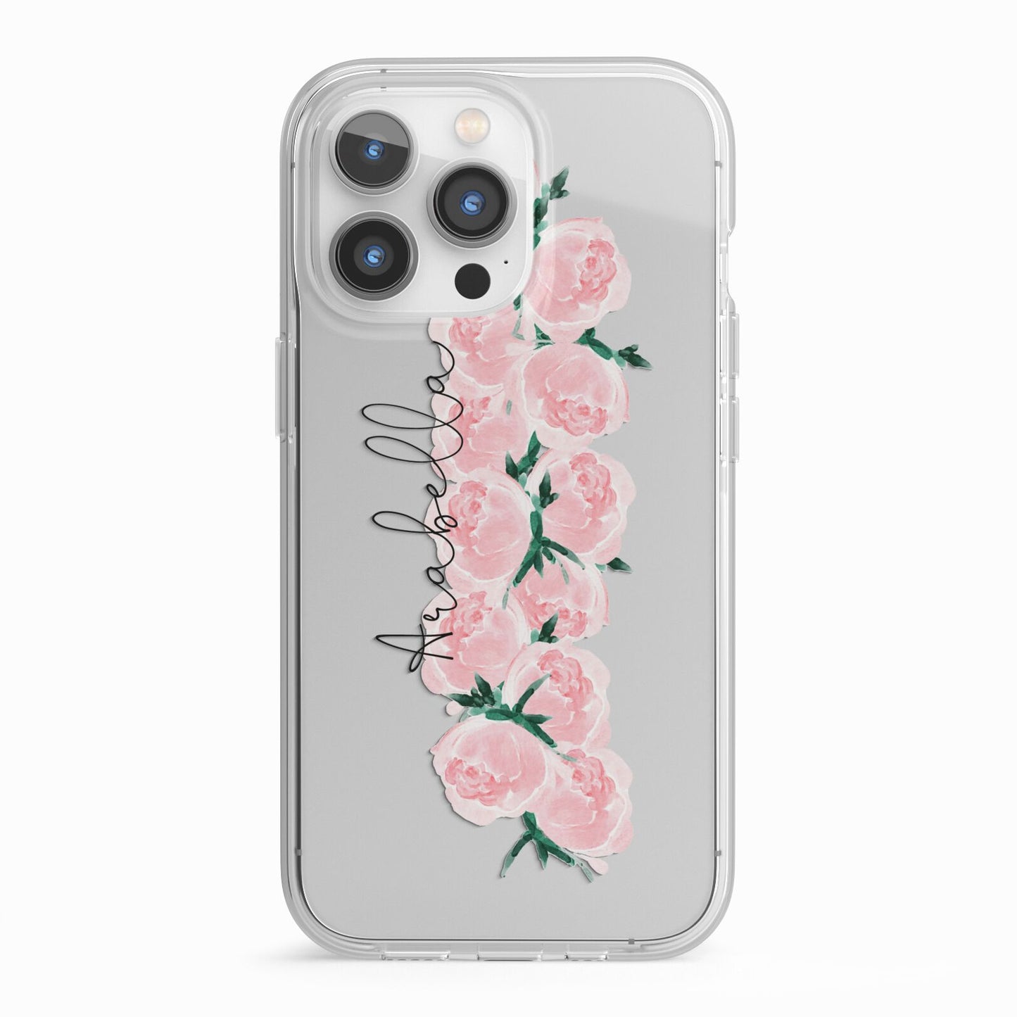 Personalised Name Pink Roses iPhone 13 Pro TPU Impact Case with White Edges