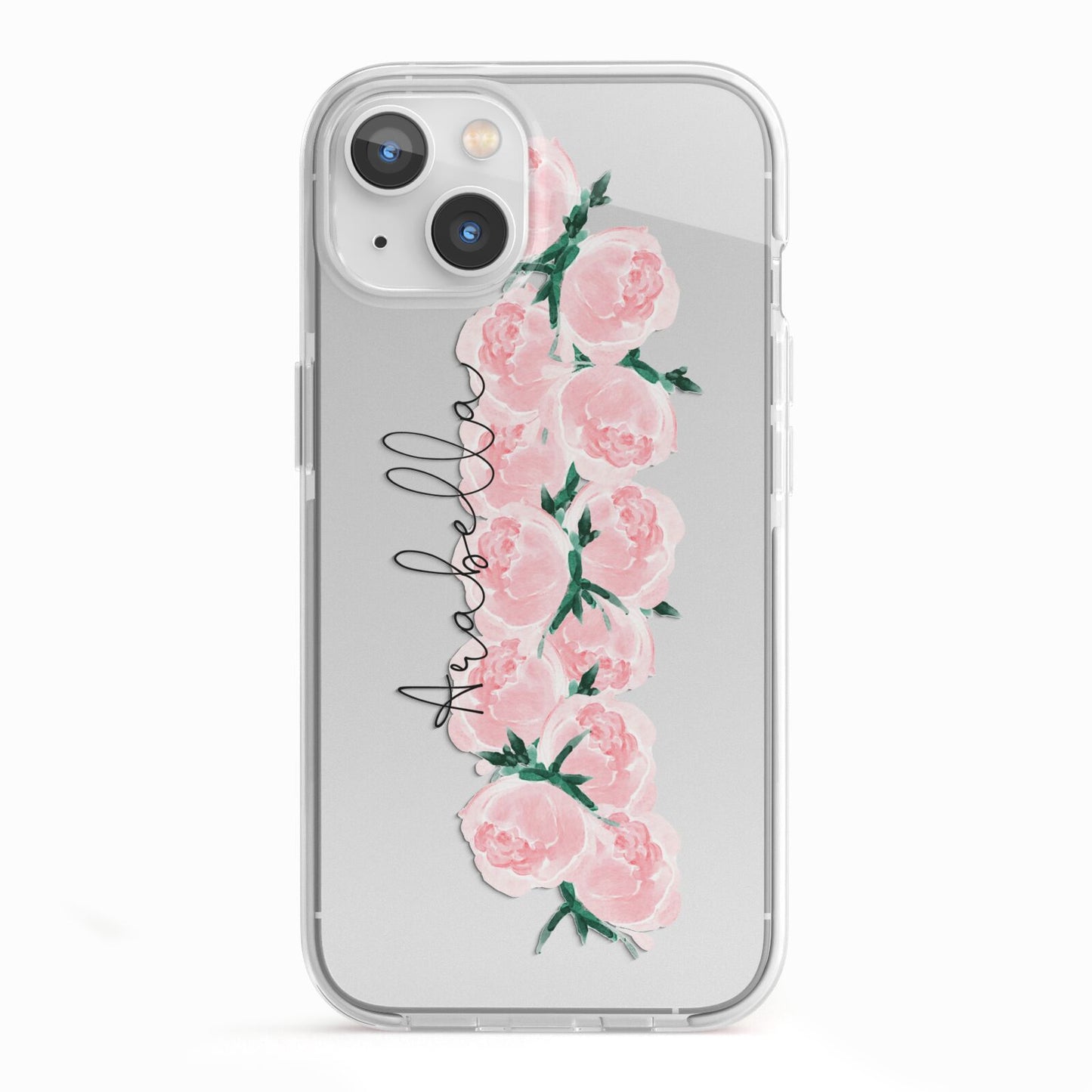 Personalised Name Pink Roses iPhone 13 TPU Impact Case with White Edges