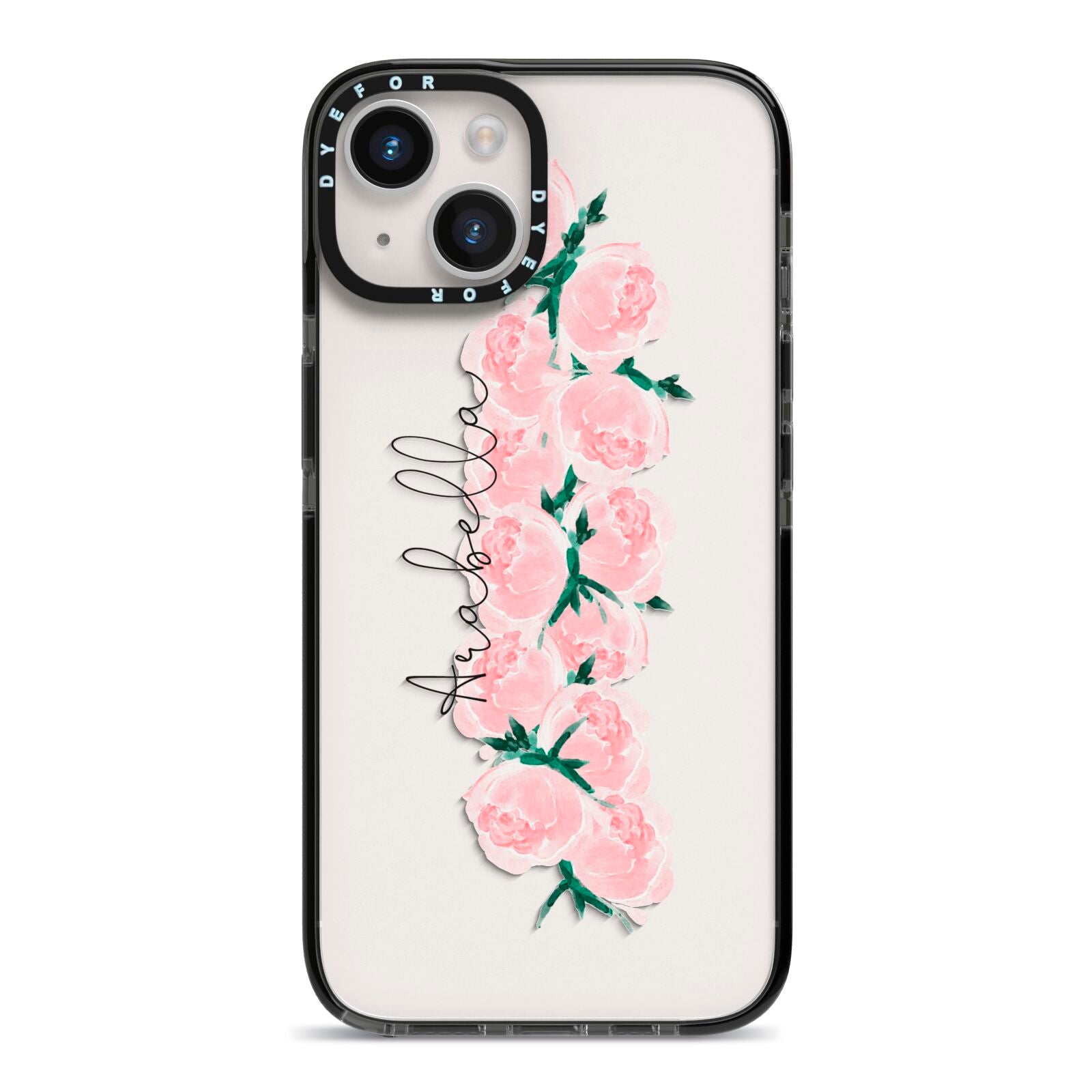 Personalised Name Pink Roses iPhone 14 Black Impact Case on Silver phone