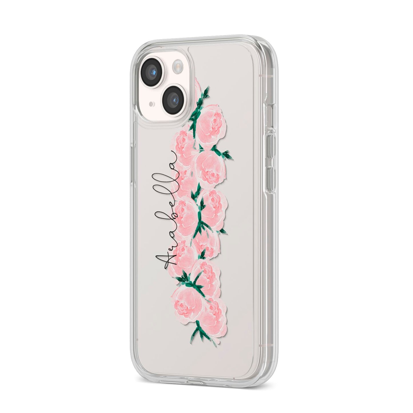 Personalised Name Pink Roses iPhone 14 Clear Tough Case Starlight Angled Image