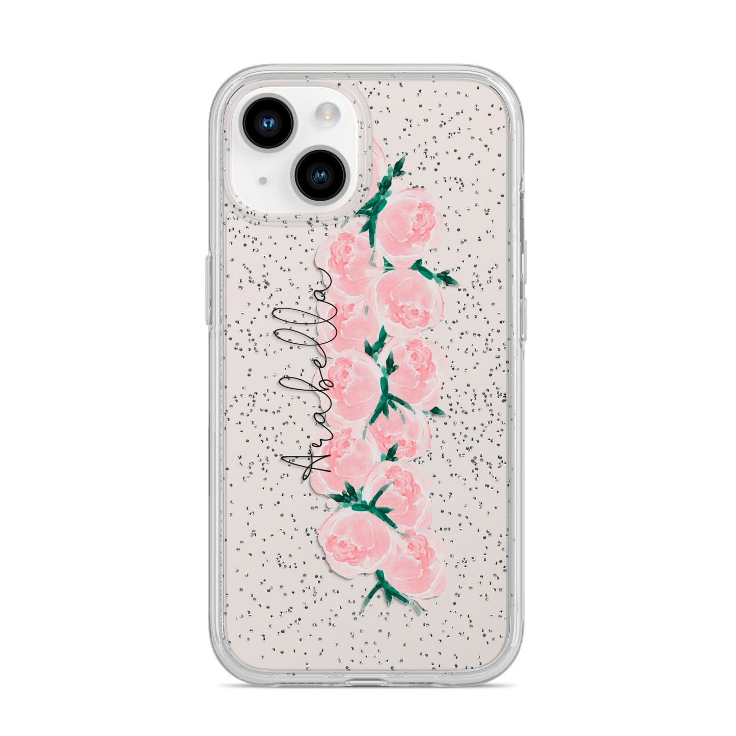 Personalised Name Pink Roses iPhone 14 Glitter Tough Case Starlight