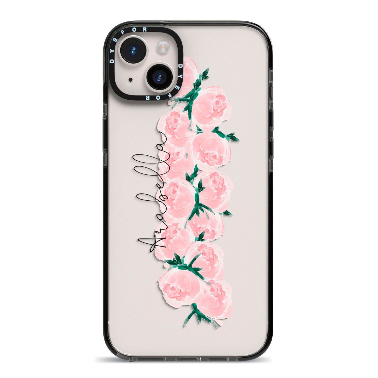 Personalised Name Pink Roses iPhone 14 Plus Black Impact Case on Silver phone