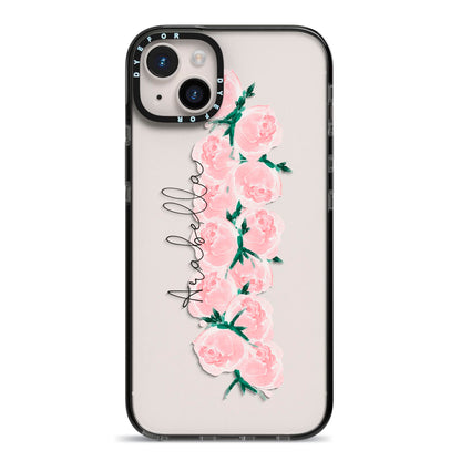 Personalised Name Pink Roses iPhone 14 Plus Black Impact Case on Silver phone