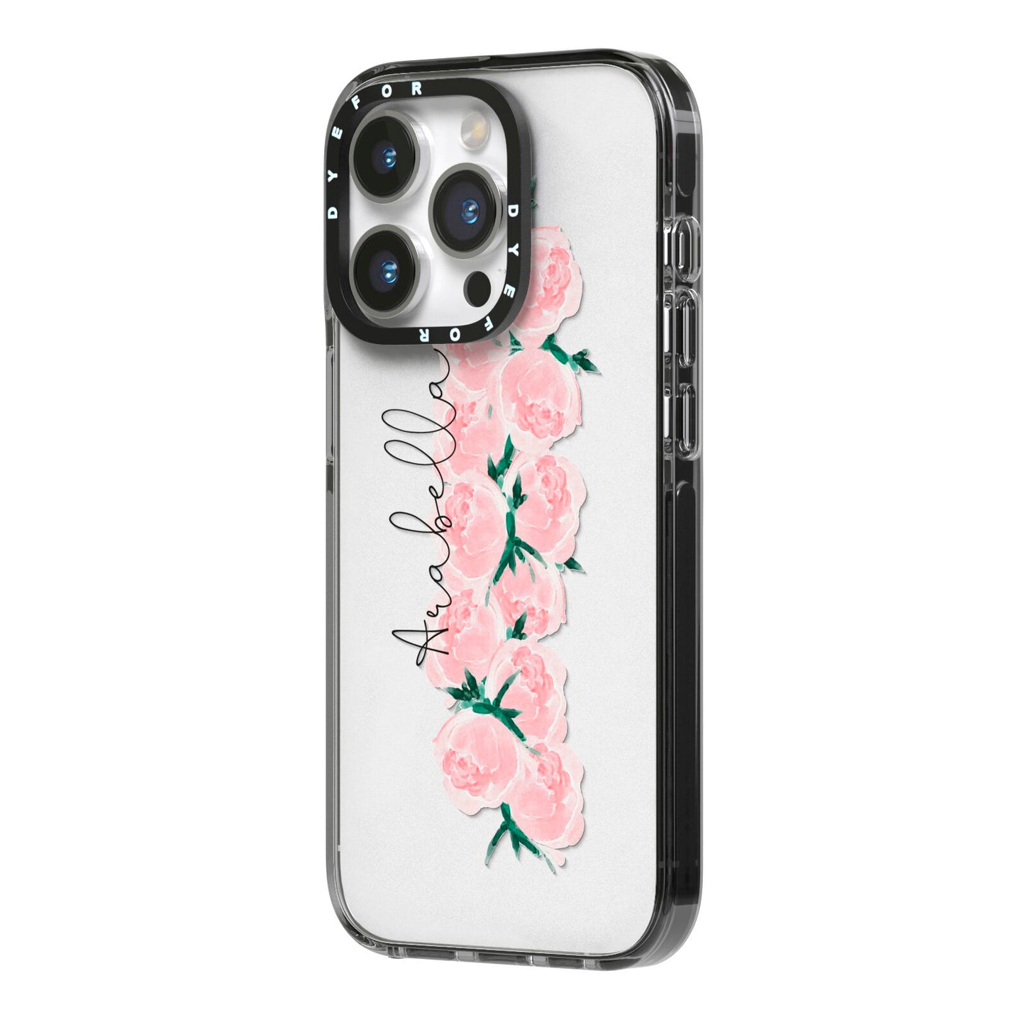 Personalised Name Pink Roses iPhone 14 Pro Black Impact Case Side Angle on Silver phone