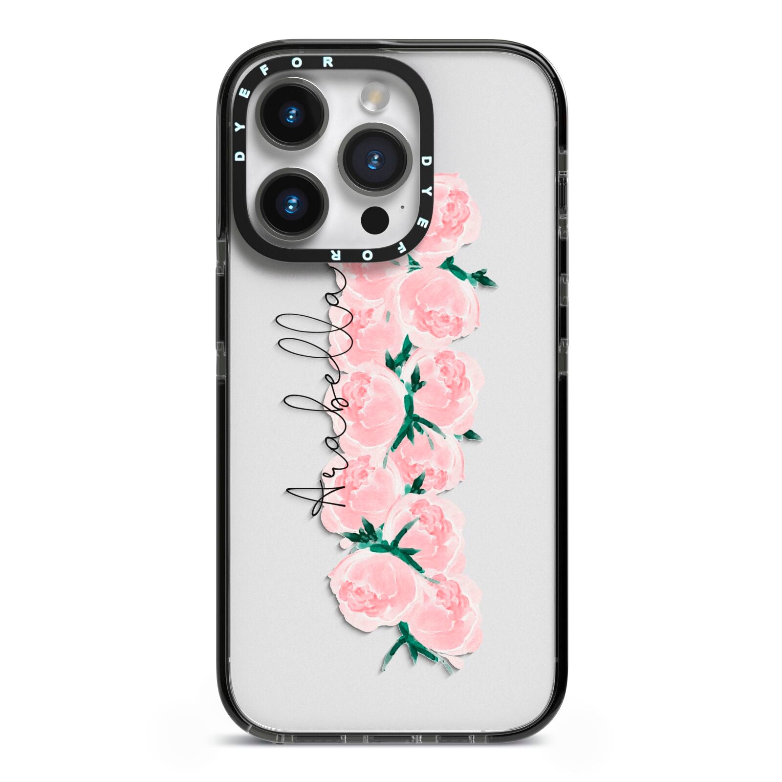 Personalised Name Pink Roses iPhone 14 Pro Black Impact Case on Silver phone