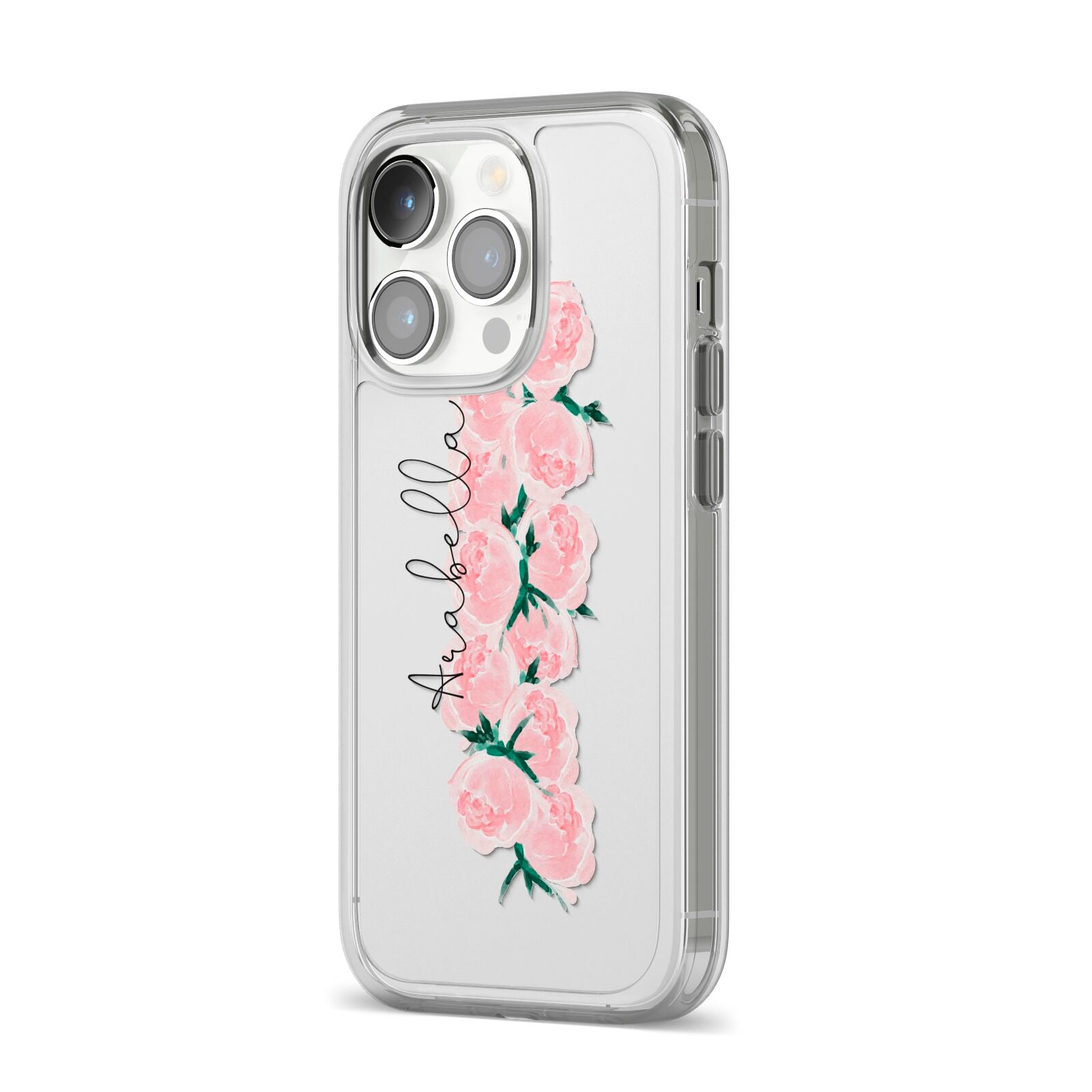 Personalised Name Pink Roses iPhone 14 Pro Clear Tough Case Silver Angled Image