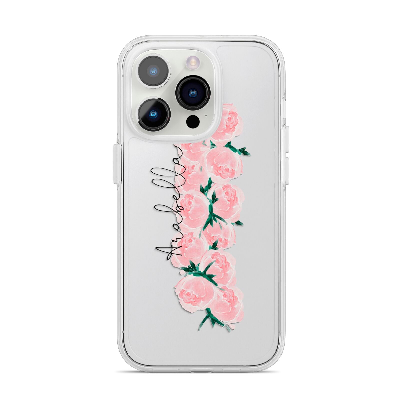 Personalised Name Pink Roses iPhone 14 Pro Clear Tough Case Silver