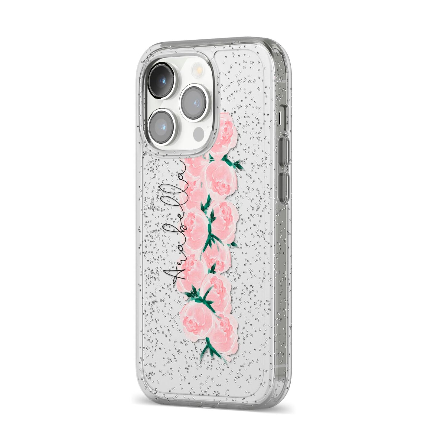Personalised Name Pink Roses iPhone 14 Pro Glitter Tough Case Silver Angled Image