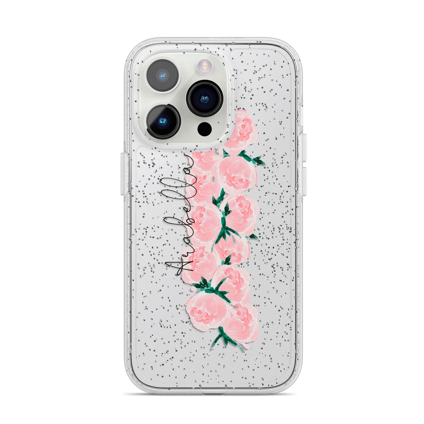 Personalised Name Pink Roses iPhone 14 Pro Glitter Tough Case Silver